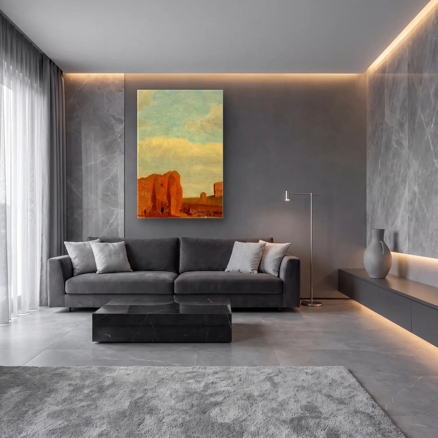 Albert Bierstadt – Ruins-Campagna of Rome – Bej Tonlar cam tablo — lüks salon duvarında