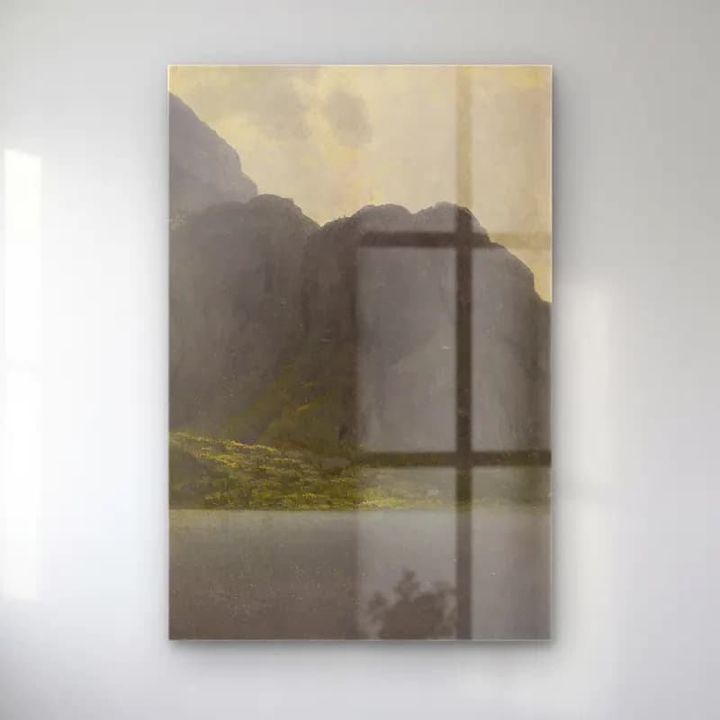 Albert Bierstadt – Untitled (Alaska) – Bej Tonlar cam tablo — Albert Bierstadt – Untitled (Alaska) – Bej Tonlar — yağlı boya göl ve dağlar