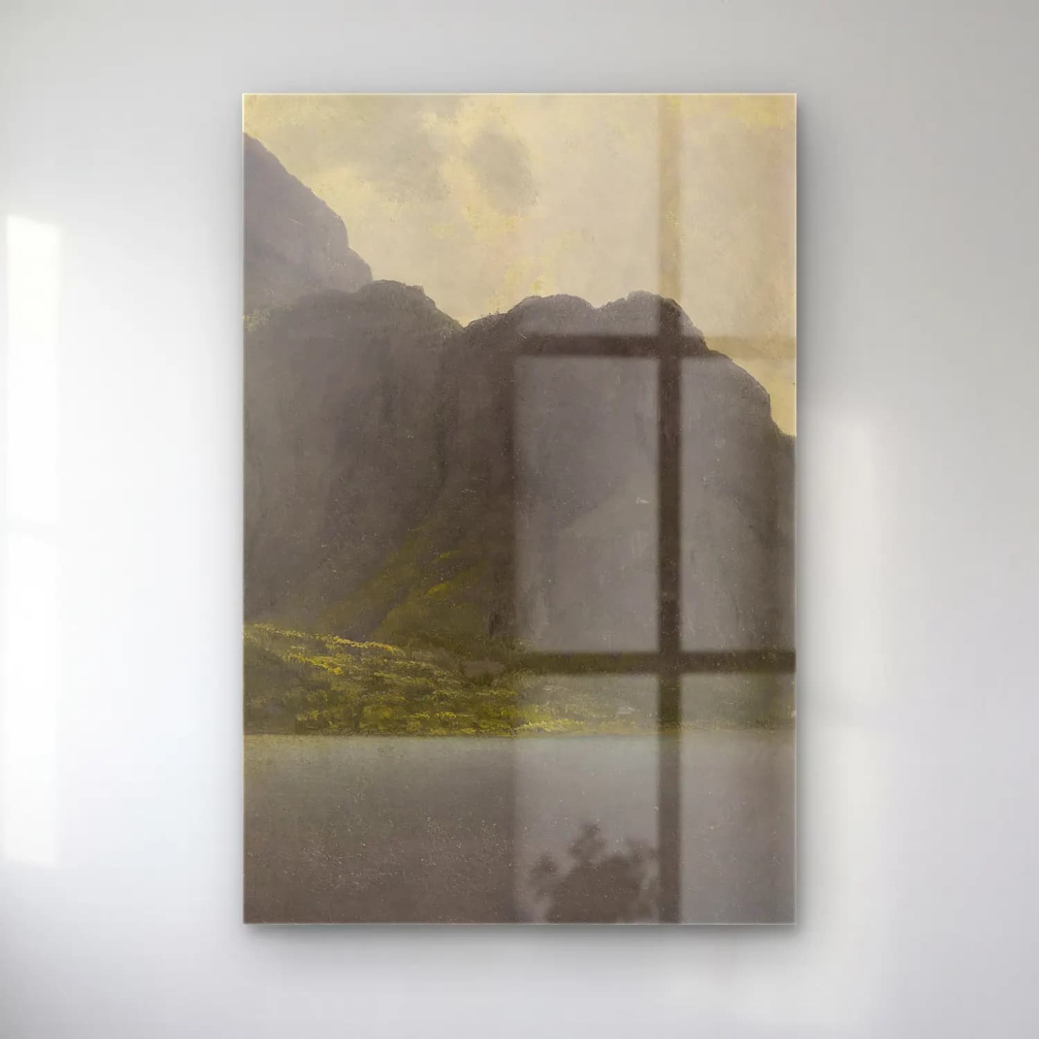 Albert Bierstadt – Untitled (Alaska) – Bej Tonlar cam tablo — Albert Bierstadt – Untitled (Alaska) – Bej Tonlar — yağlı boya göl ve dağlar