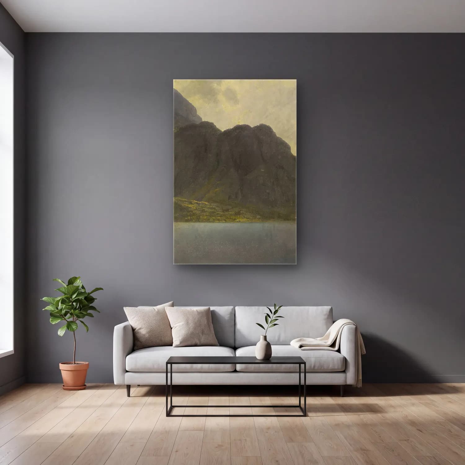 Albert Bierstadt – Untitled (Alaska) – Bej Tonlar cam tablo — gri duvarlı salonda