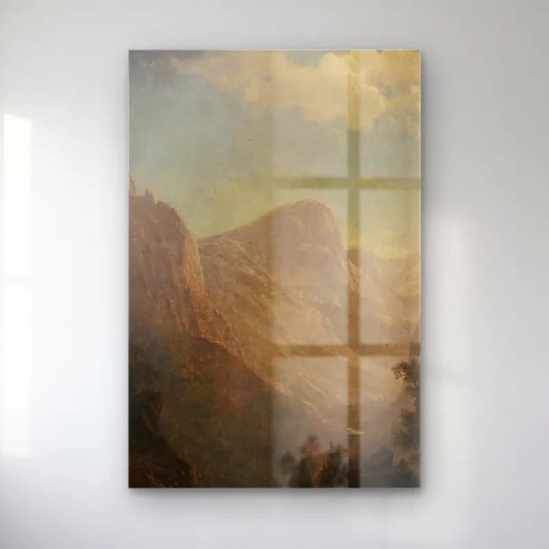 Albert Bierstadt – View in the Yosemite Valley (between 1850 and 1890) – Bej Tonlar cam tablo — Albert Bierstadt – View in the Yosemite Valley (between 1850 and 1890) – Bej Tonlar — yağlı boya dağ manzarası