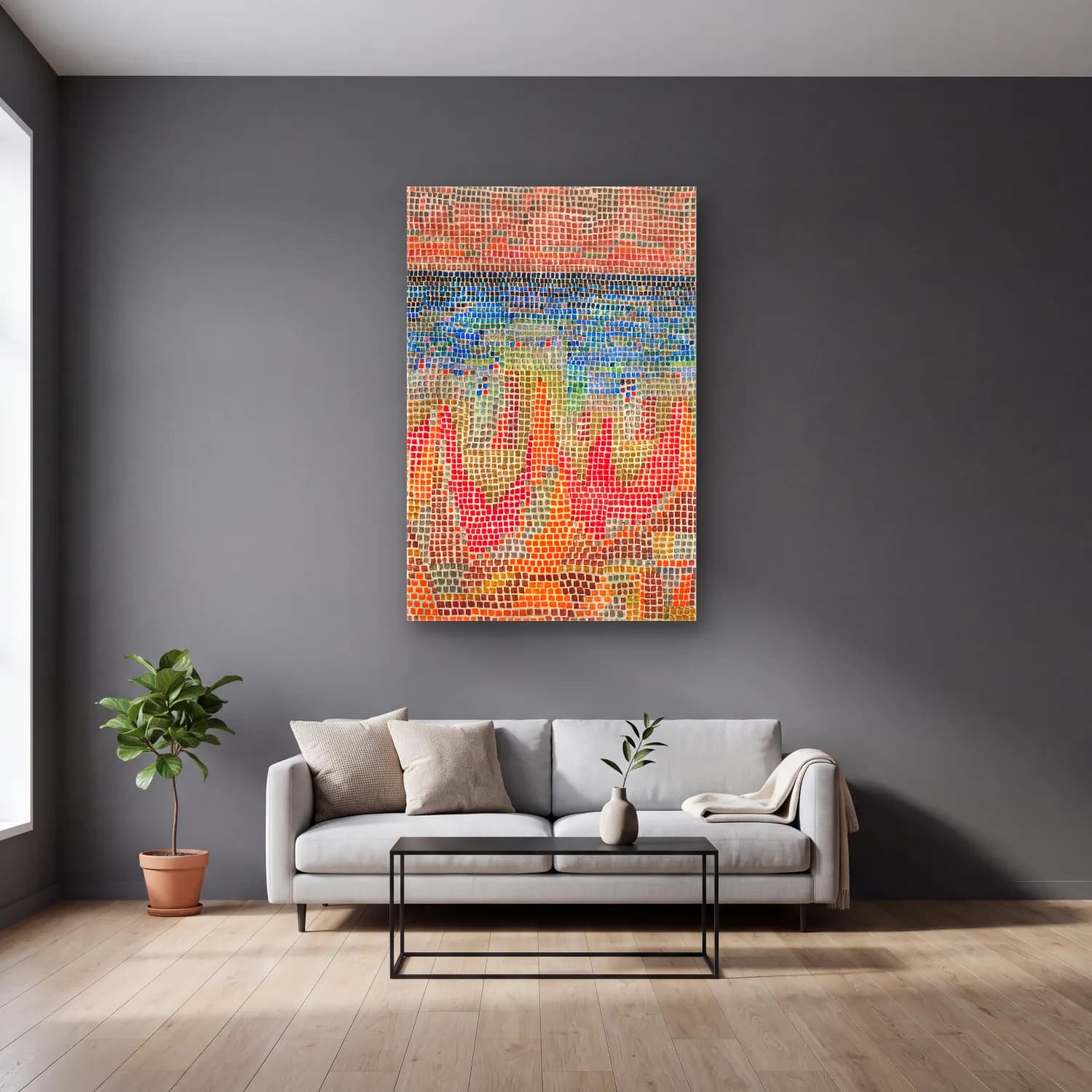 Paul Klee – Klippen am Meer cam tablo — gri duvarlı salonda