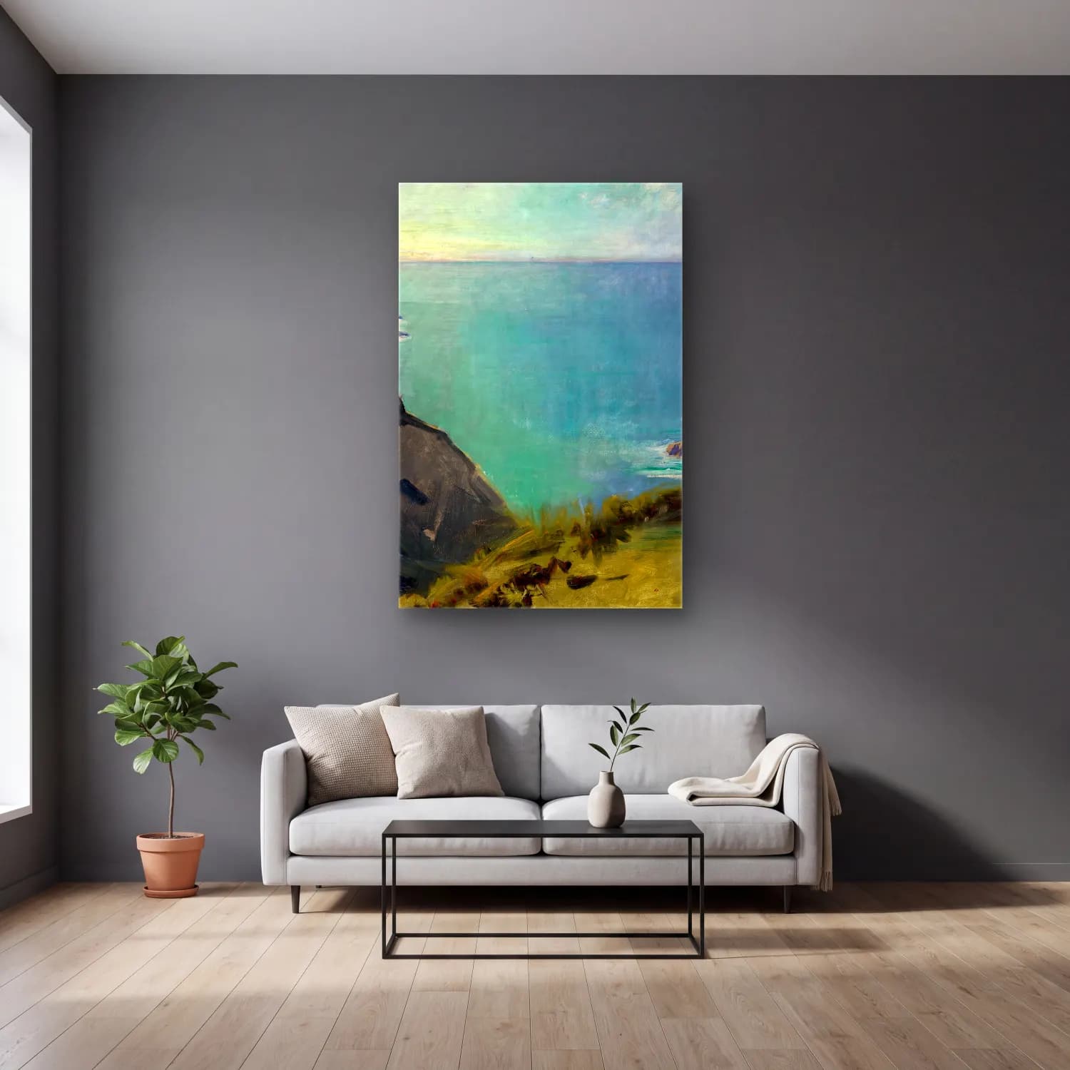 Abbott Handerson Thayer – Cornish Headlands cam tablo — gri duvarlı salonda