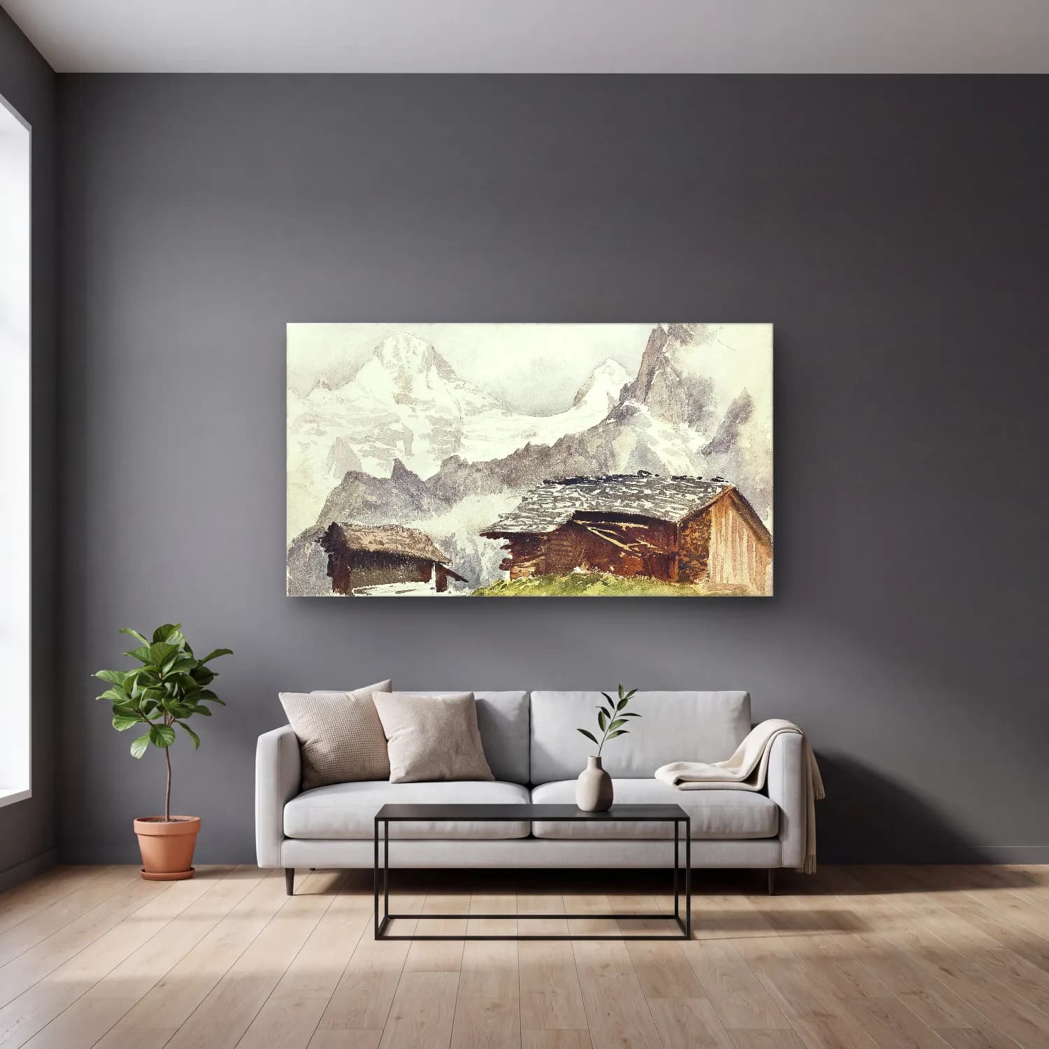 John Singer Sargent – Chalets, Breithorn, Mürren cam tablo — gri duvarlı salonda