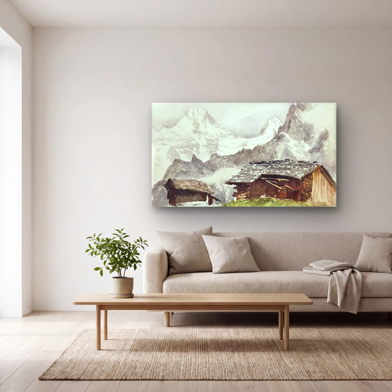 John Singer Sargent – Chalets, Breithorn, Mürren cam tablo — açık renk salonda