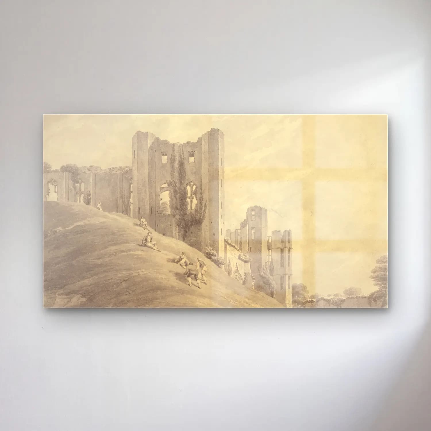 Michael Angelo Rooker – Kenilworth Castle, with Figures on the Hillside cam tablo — Michael Angelo Rooker – Kenilworth Castle, with Figures on the Hillside — vintage şato