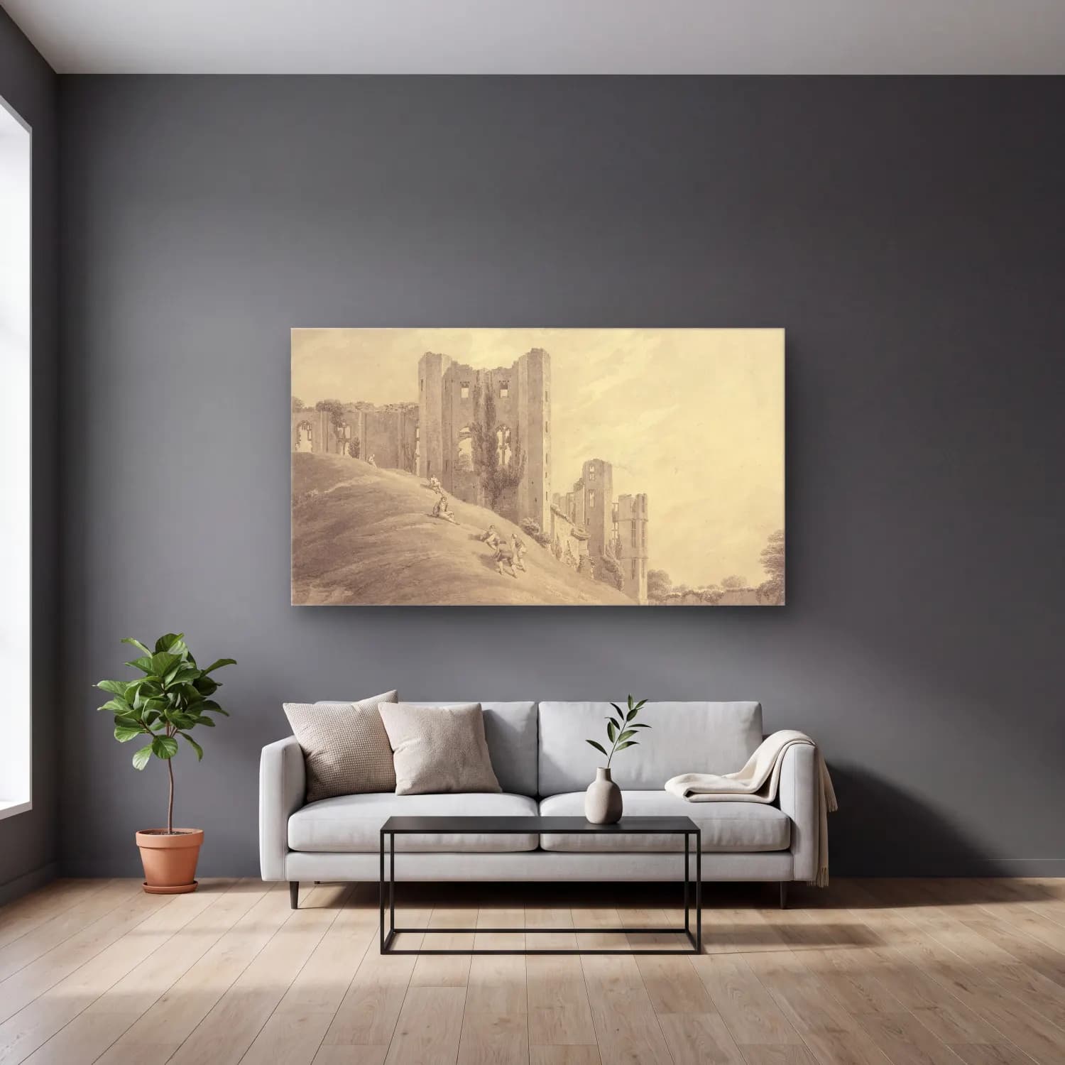 Michael Angelo Rooker – Kenilworth Castle, with Figures on the Hillside cam tablo — gri duvarlı salonda
