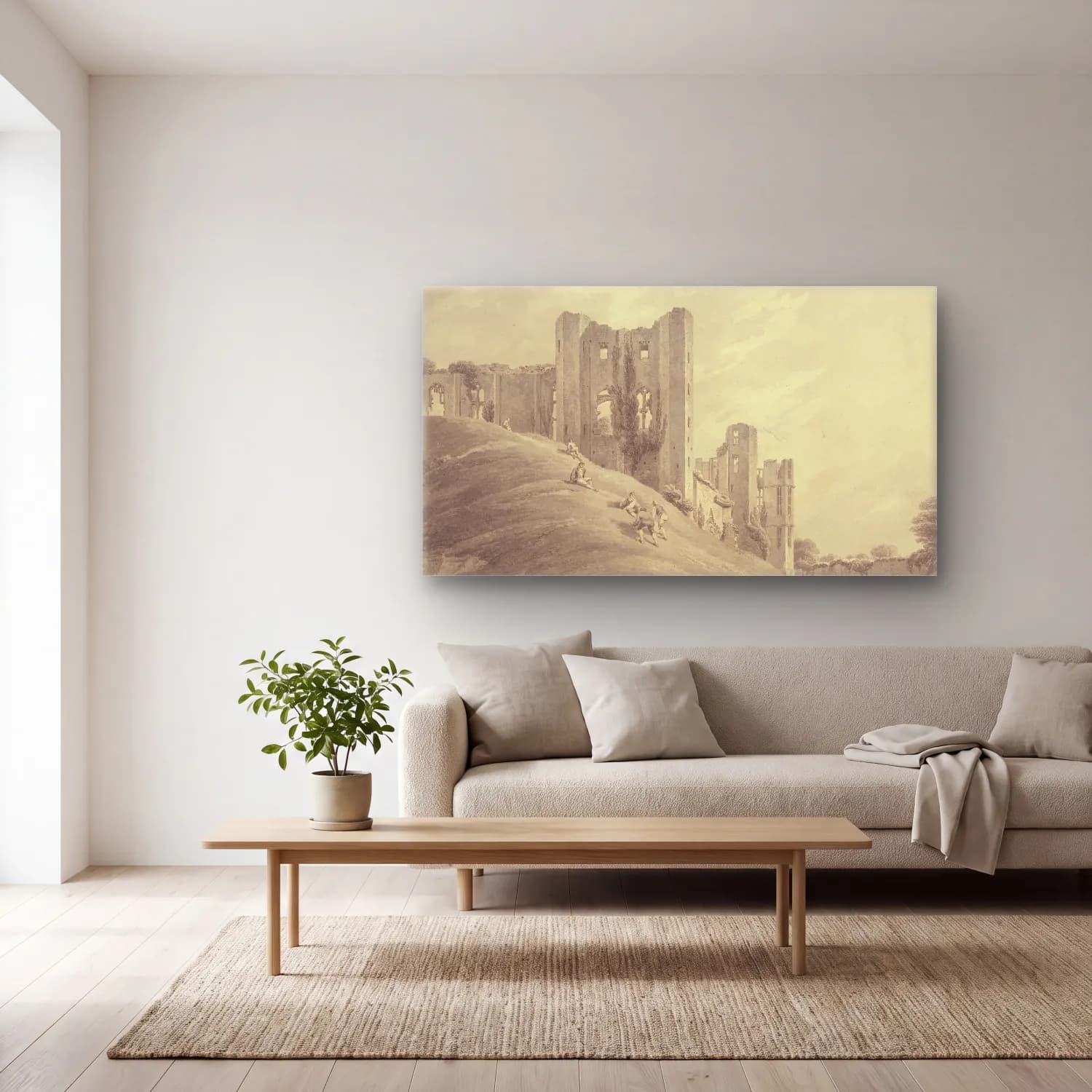 Michael Angelo Rooker – Kenilworth Castle, with Figures on the Hillside cam tablo — açık renk salonda
