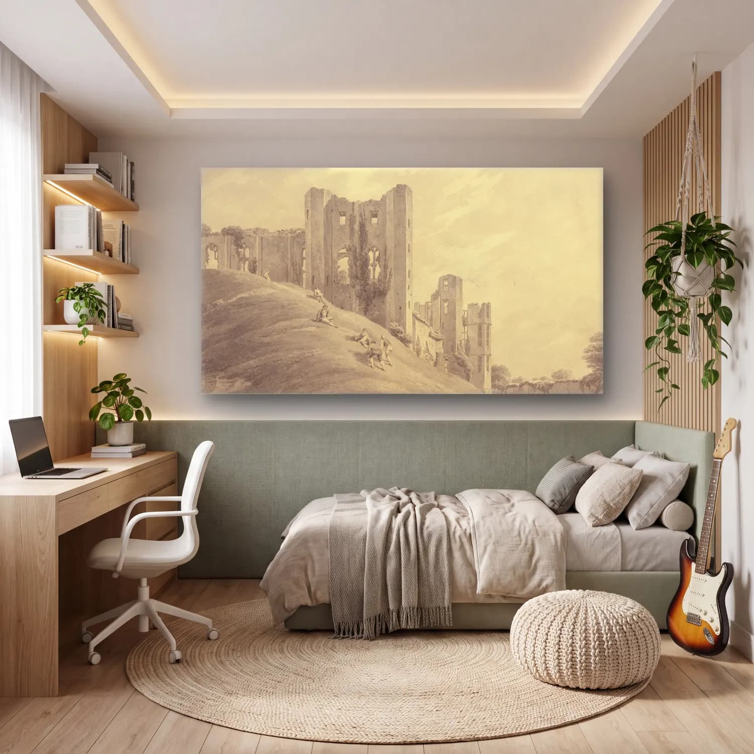 Michael Angelo Rooker – Kenilworth Castle, with Figures on the Hillside cam tablo — genç odasında