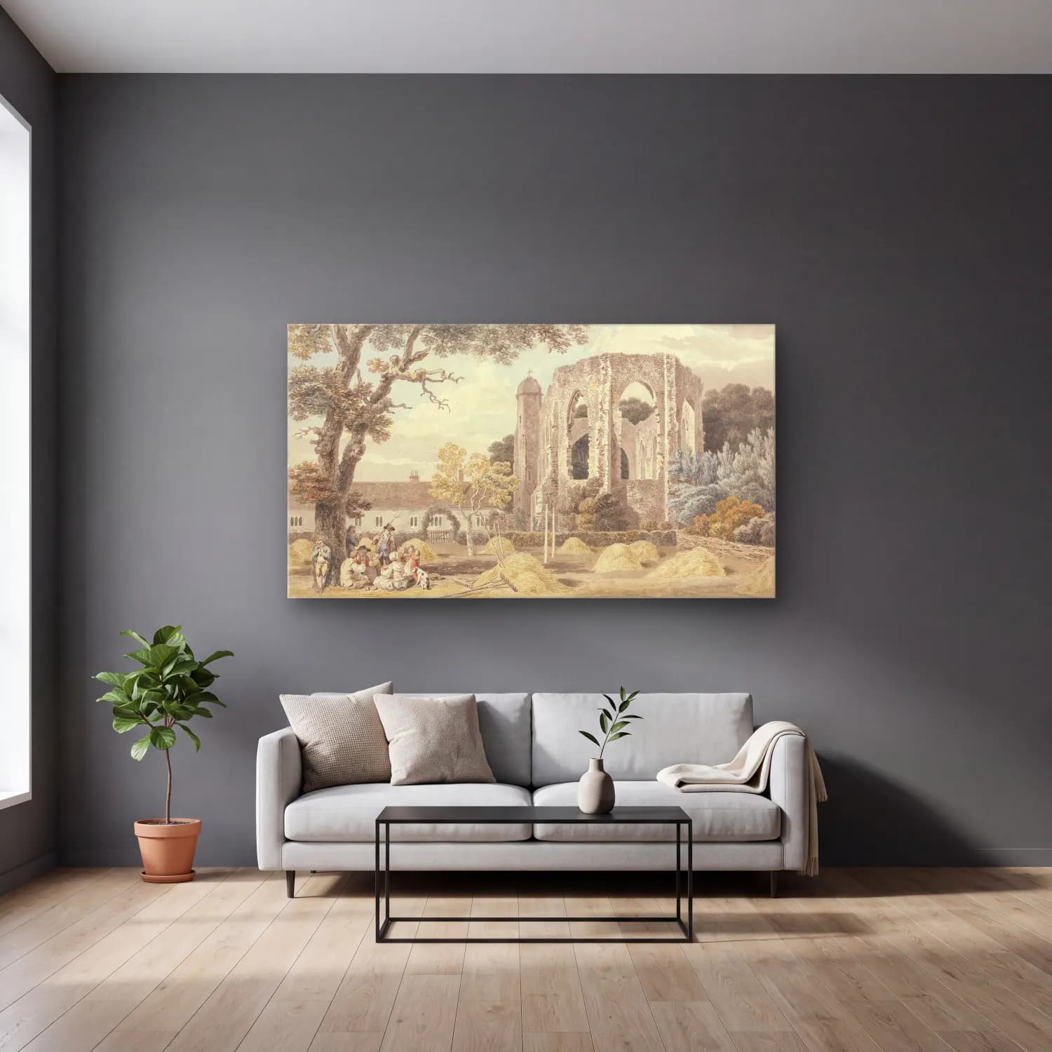 Michael Angelo Rooker – The Chapel of the Greyfriars Monastery, Winchester cam tablo — gri duvarlı salonda