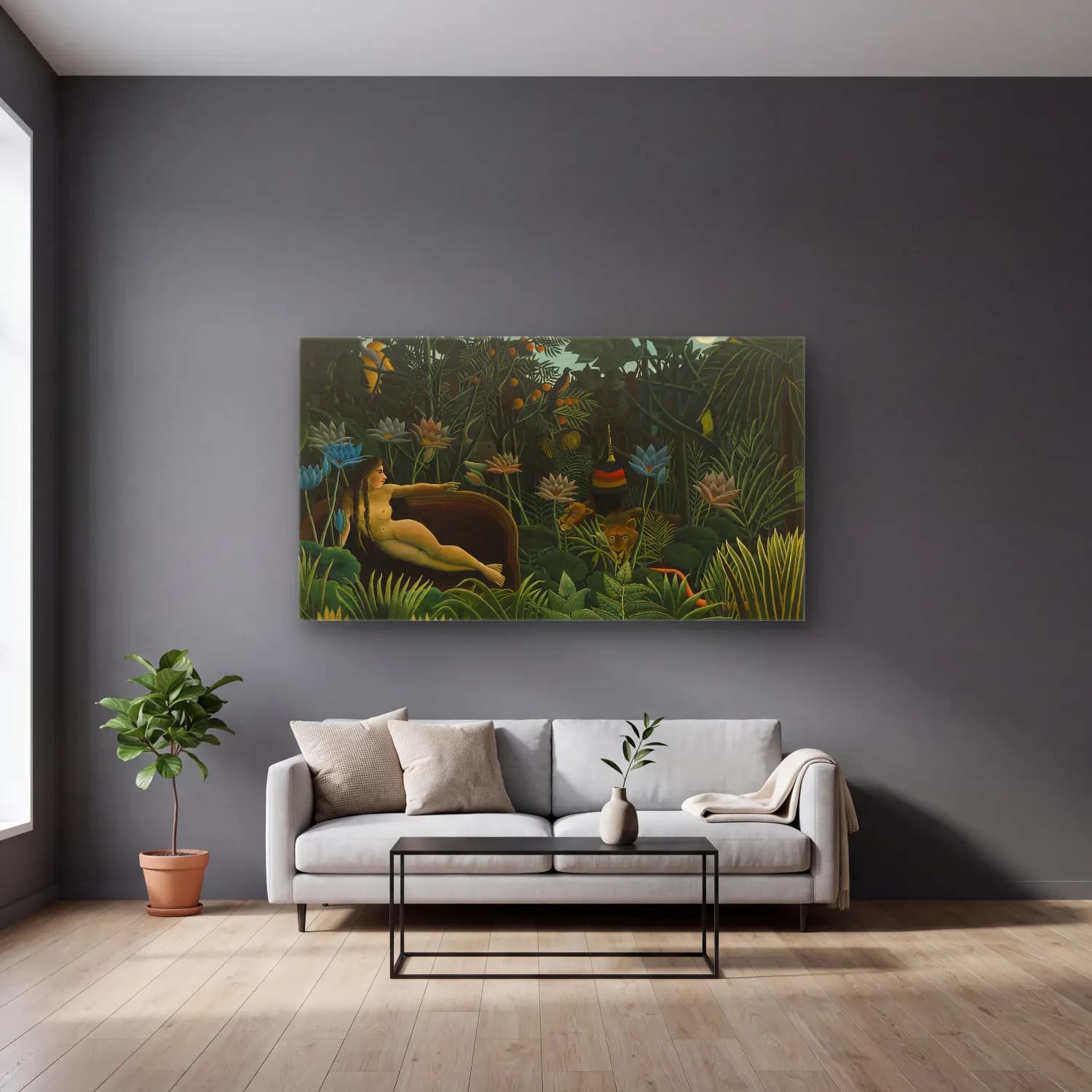 Henri Rousseau – The Dream cam tablo — gri duvarlı salonda