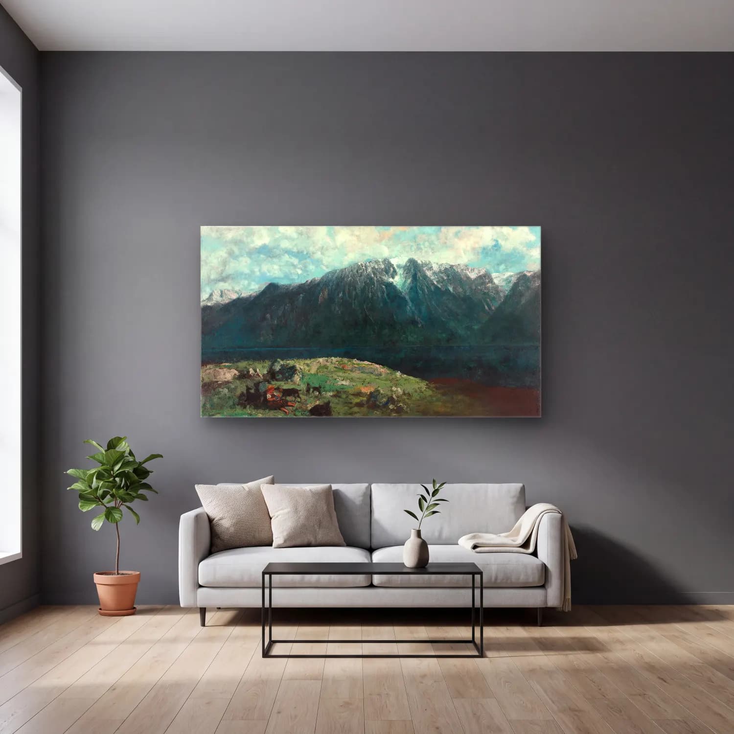 Gustave Courbet – Panoramic View of the Alps, Les Dents du Midi cam tablo — gri duvarlı salonda