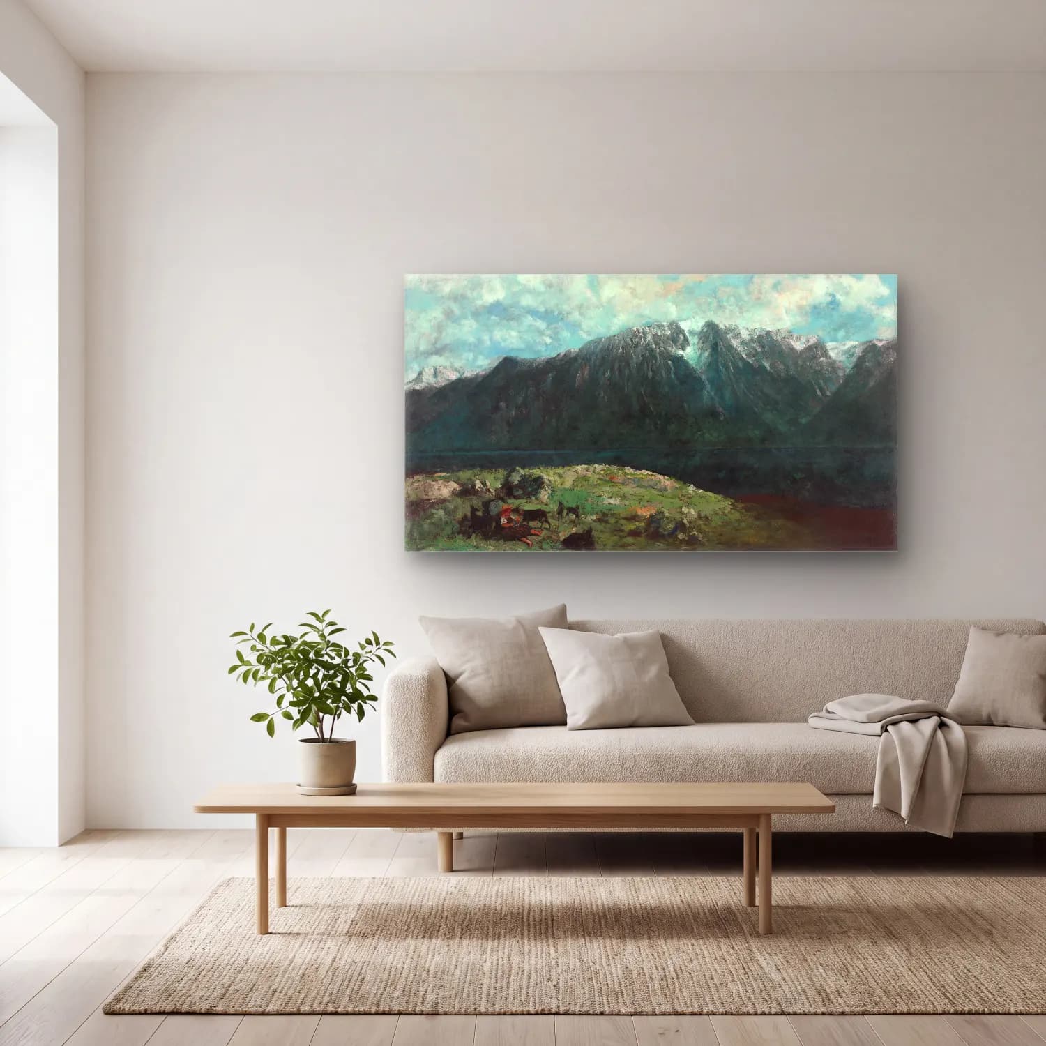 Gustave Courbet – Panoramic View of the Alps, Les Dents du Midi cam tablo — açık renk salonda