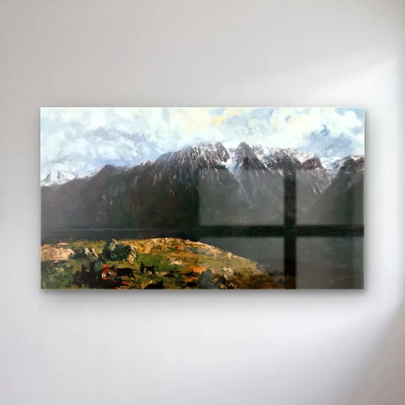 Gustave Courbet – Panoramic View of the Alps, Les Dents du Midi – Siyah Beyaz Tonlar cam tablo — Gustave Courbet – Panoramic View of the Alps, Les Dents du Midi – Siyah Beyaz Tonlar — empresyonist dağ manzarası