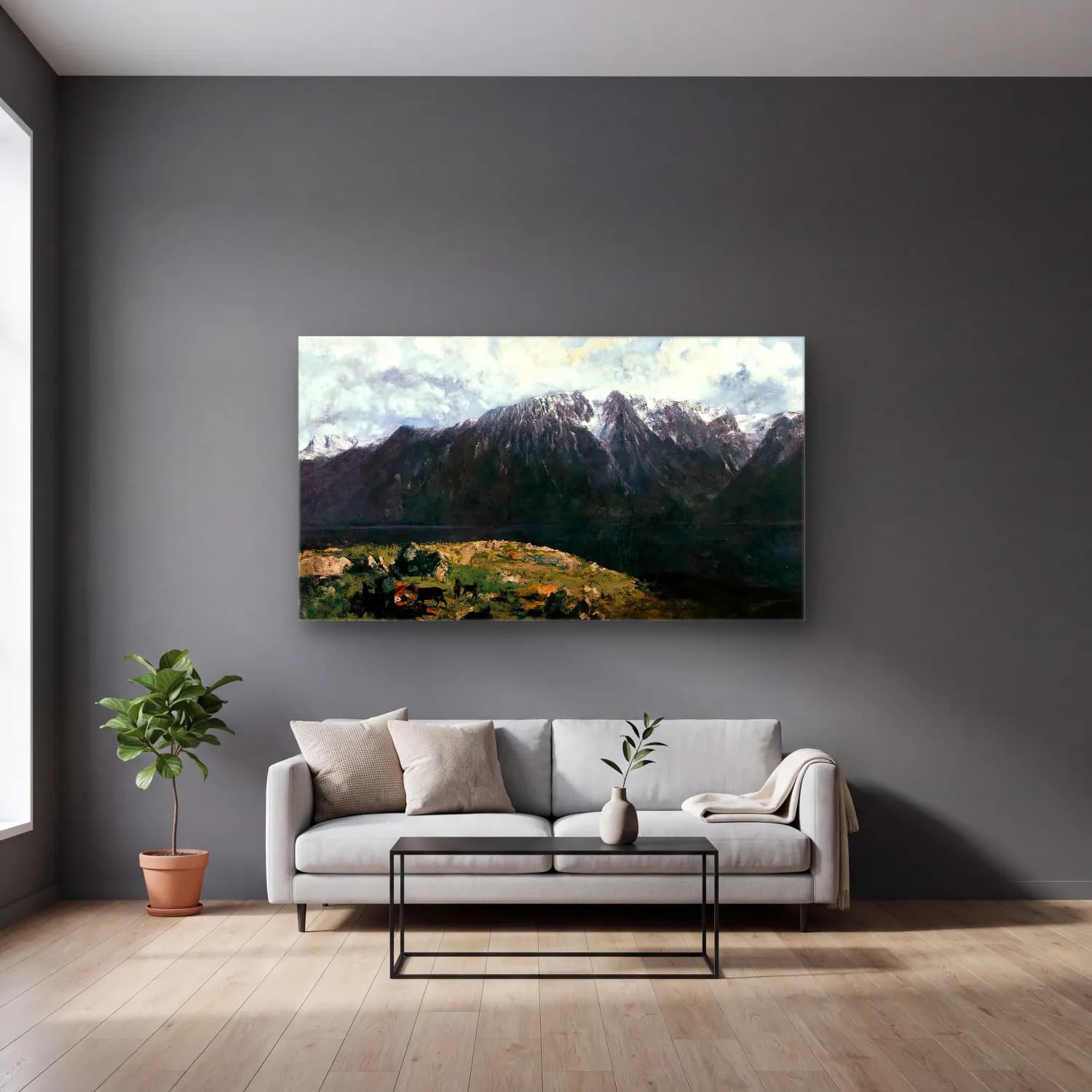 Gustave Courbet – Panoramic View of the Alps, Les Dents du Midi – Siyah Beyaz Tonlar cam tablo — gri duvarlı salonda