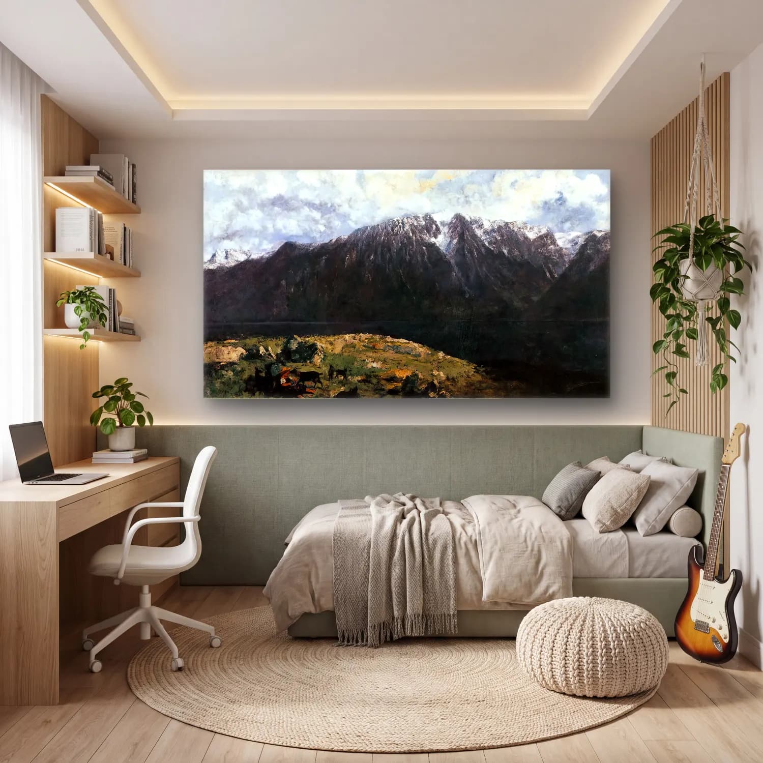 Gustave Courbet – Panoramic View of the Alps, Les Dents du Midi – Siyah Beyaz Tonlar cam tablo — genç odasında