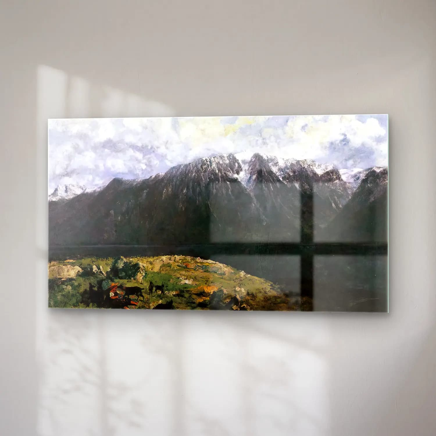 Gustave Courbet – Panoramic View of the Alps, Les Dents du Midi – Siyah Beyaz Tonlar cam tablo — sağ açıdan görünüm