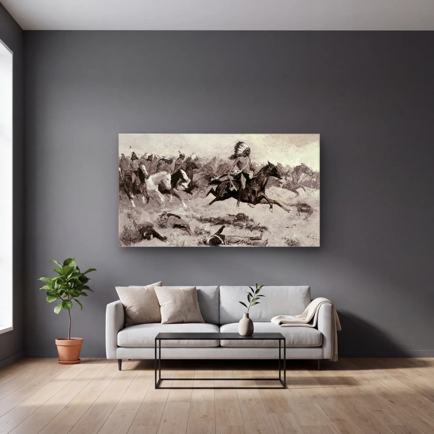 Frederic Remington – Rushing Red Lodges Passed through the Line cam tablo — gri duvarlı salonda
