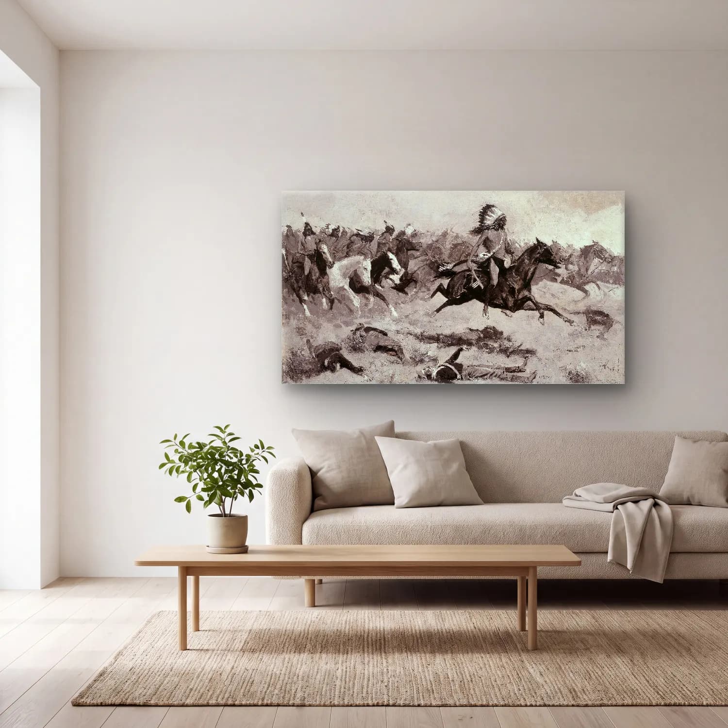 Frederic Remington – Rushing Red Lodges Passed through the Line cam tablo — açık renk salonda