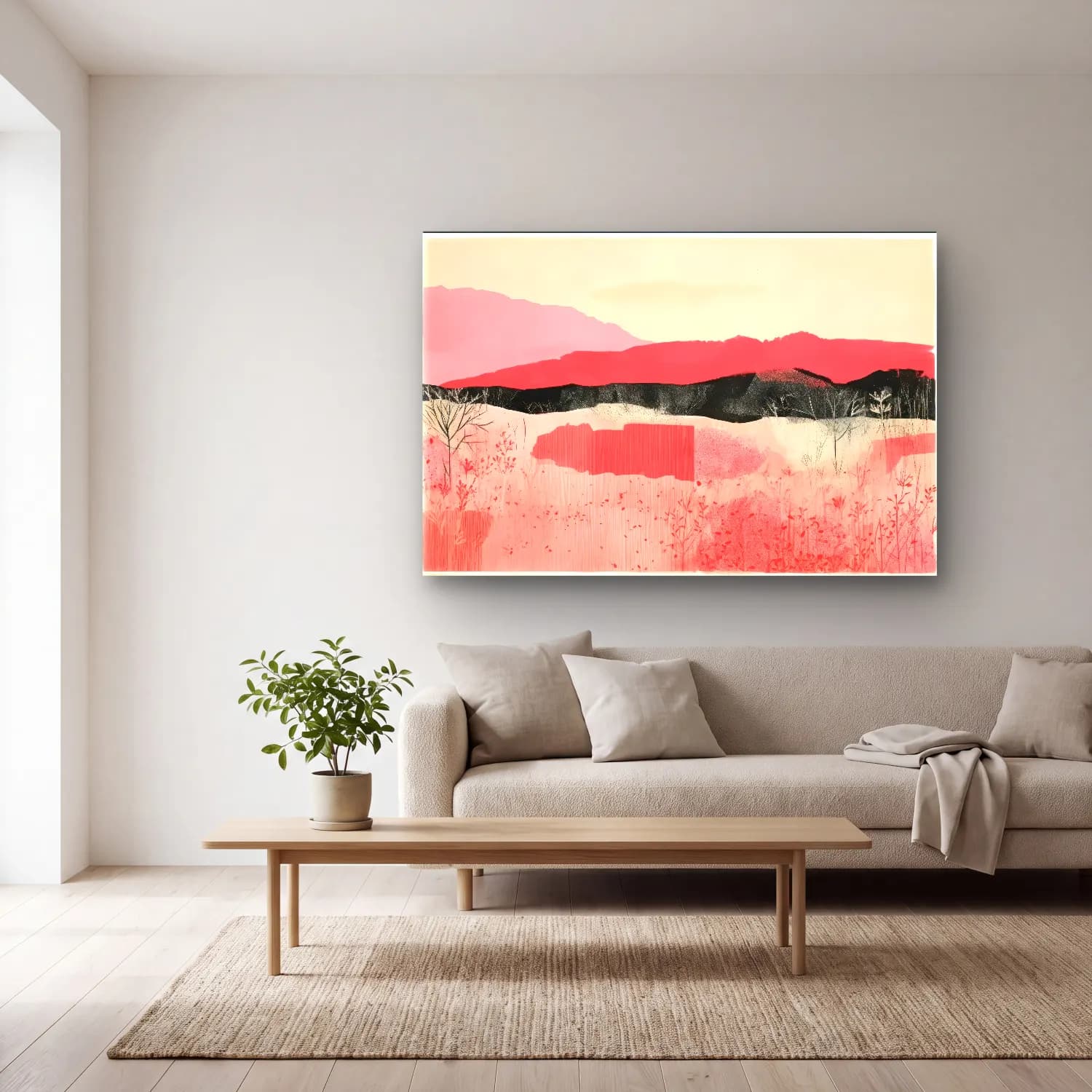 Suluboya Soyut Manzara – Pembe Tonlar cam tablo — açık renk salonda