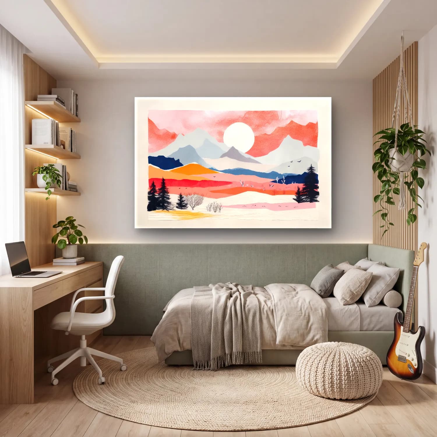 Pastel Dağ Manzarası No. 8 cam tablo — genç odasında
