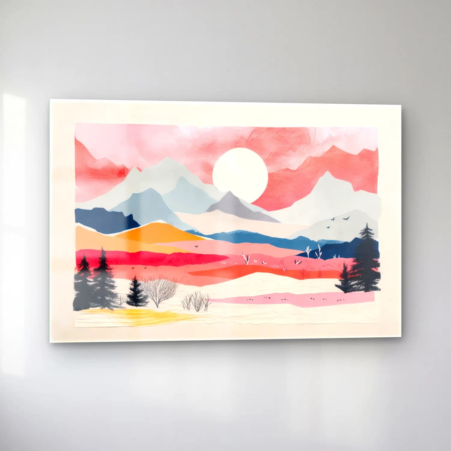Pastel Dağ Manzarası No. 8 cam tablo — sol açıdan görünüm