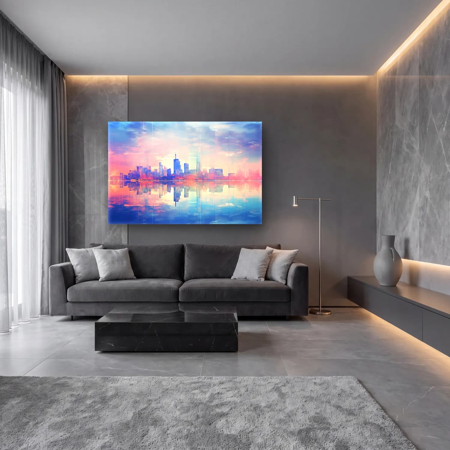 Modern Soyut New York Silüeti – Pembe Tonlar cam tablo — lüks salon duvarında