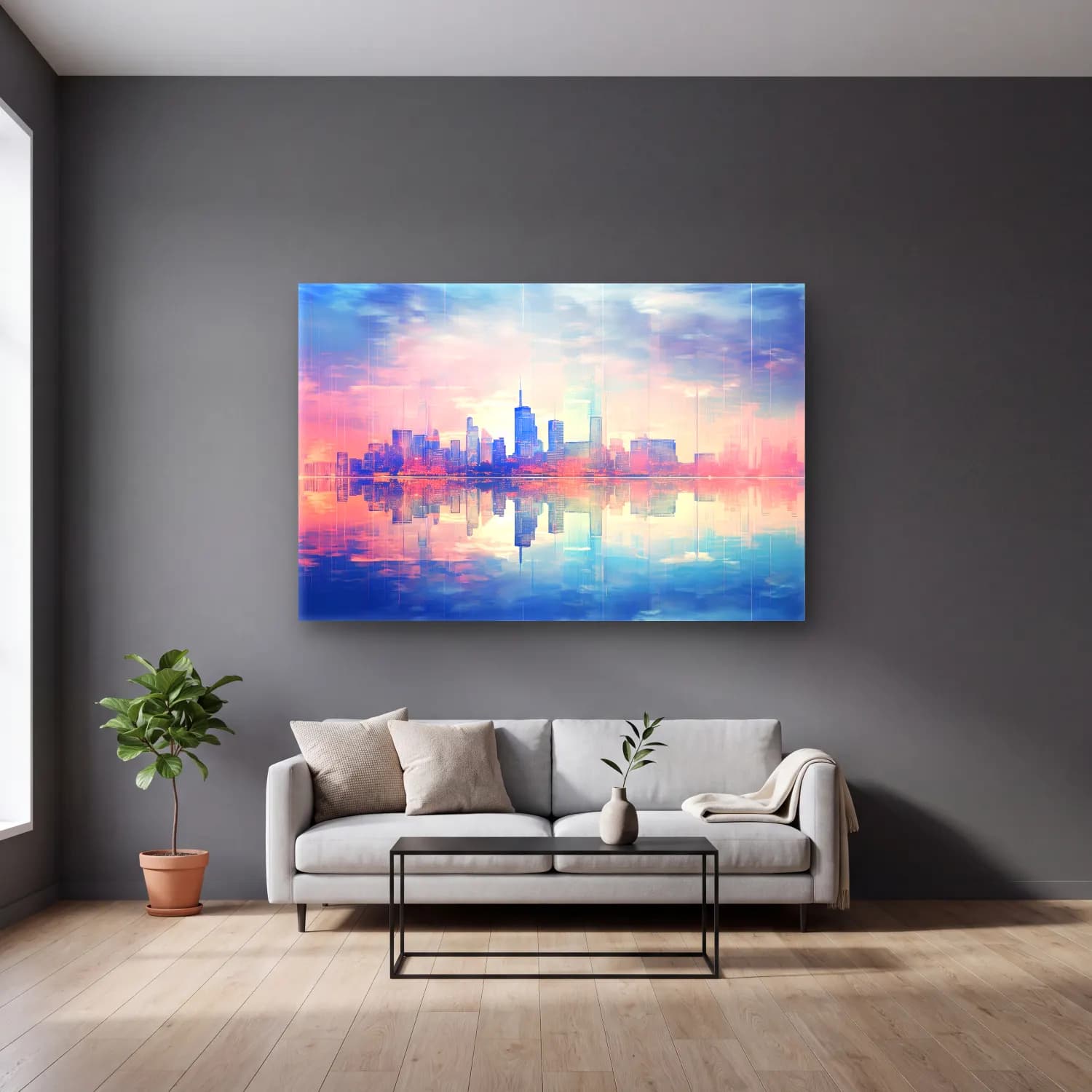 Modern Soyut New York Silüeti – Pembe Tonlar cam tablo — gri duvarlı salonda