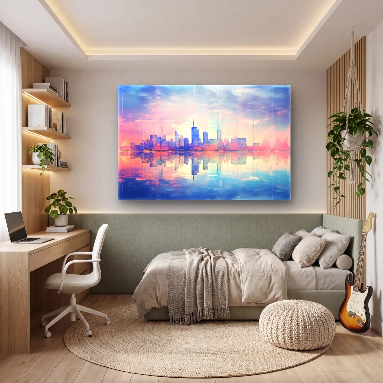 Modern Soyut New York Silüeti – Pembe Tonlar cam tablo — genç odasında