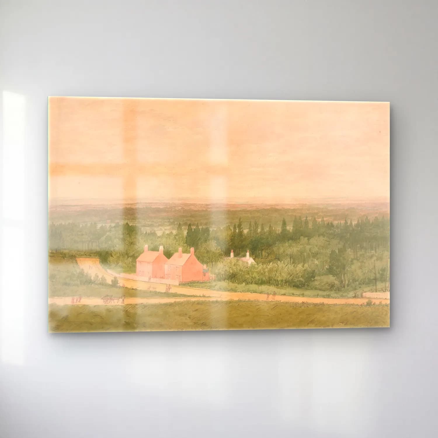 Suluboya Kır Evi No. 9 cam tablo — sol açıdan görünüm
