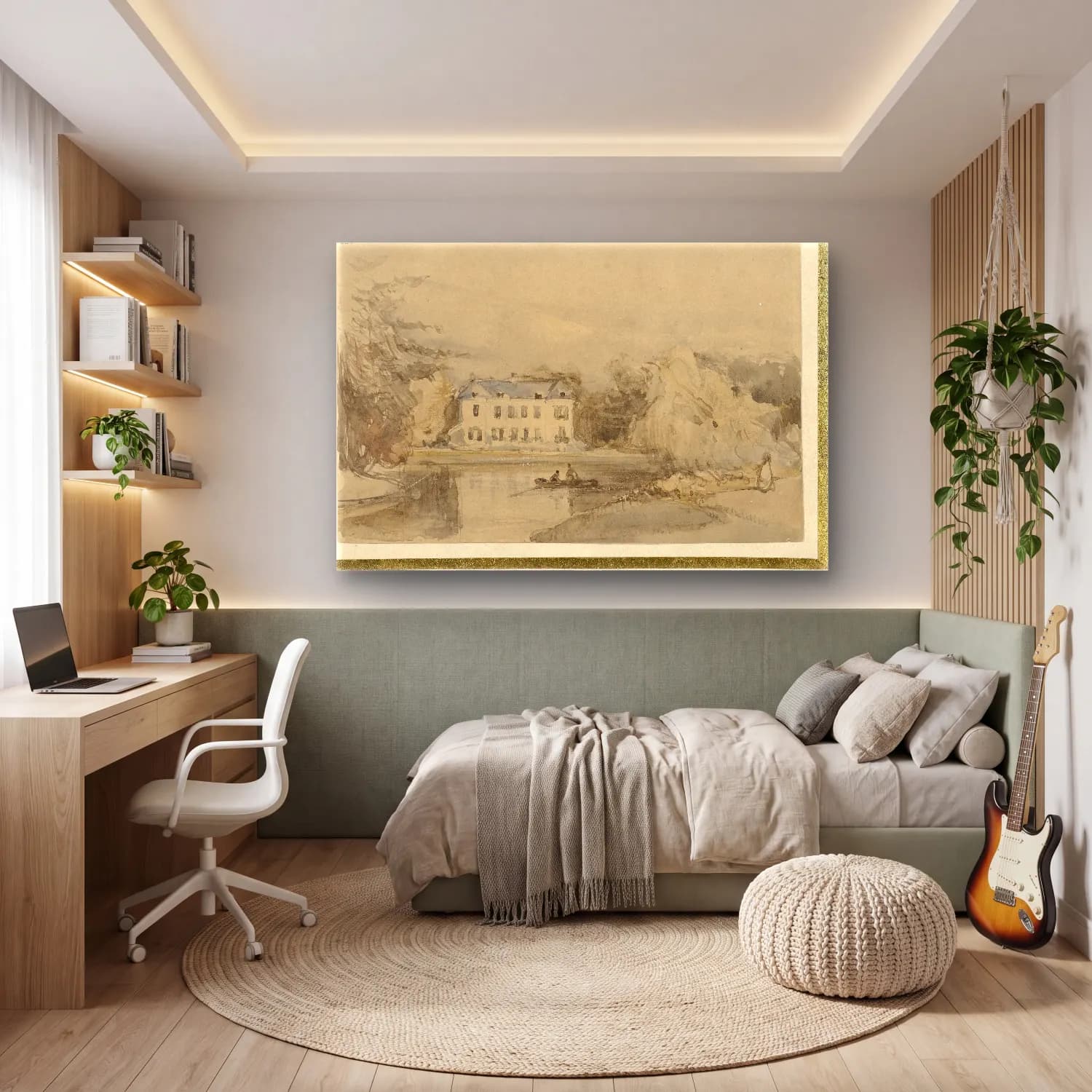 Suluboya Kır Evi No. 14 cam tablo — genç odasında