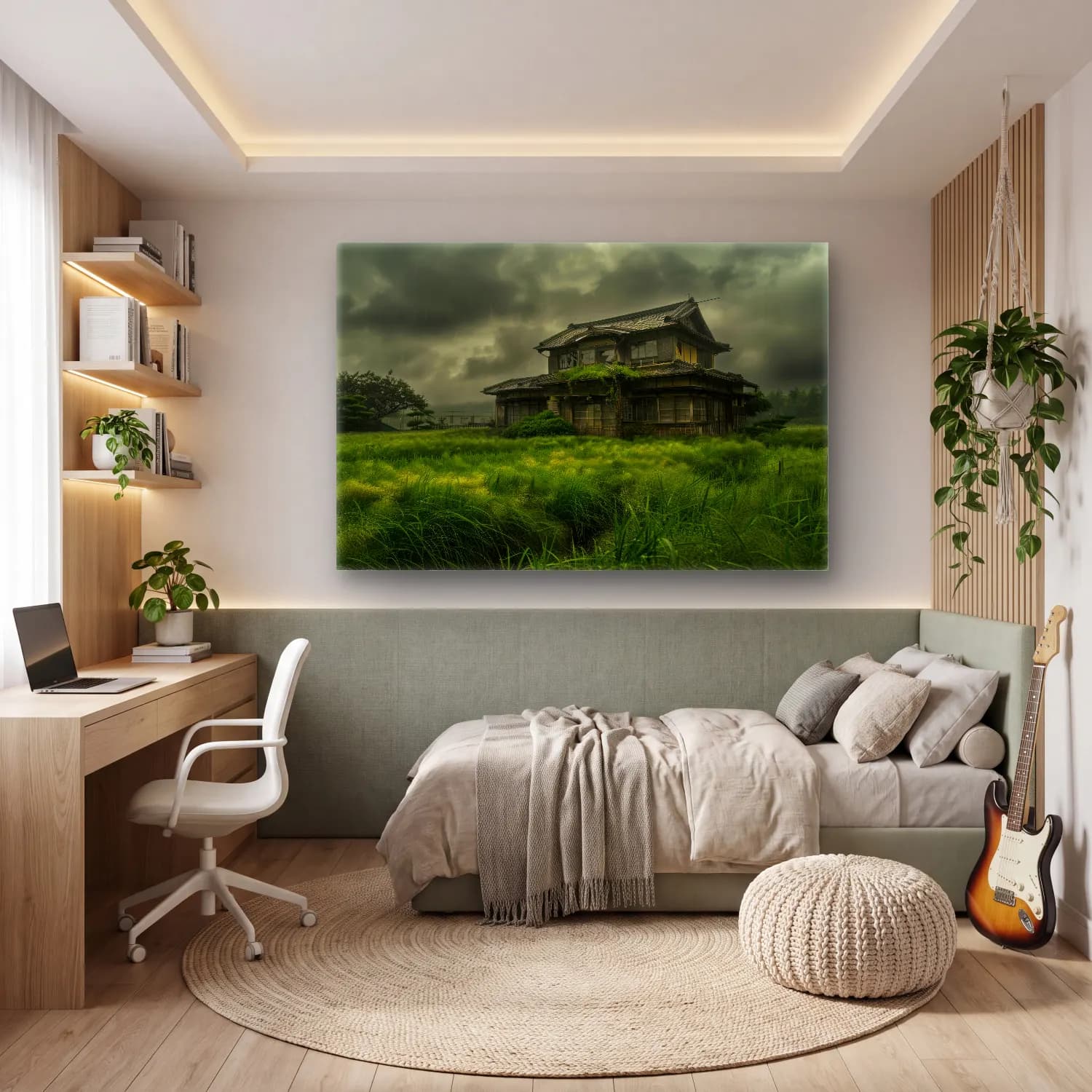 Japon Baskı Kır Evi – Yeşil Tonlar cam tablo — genç odasında