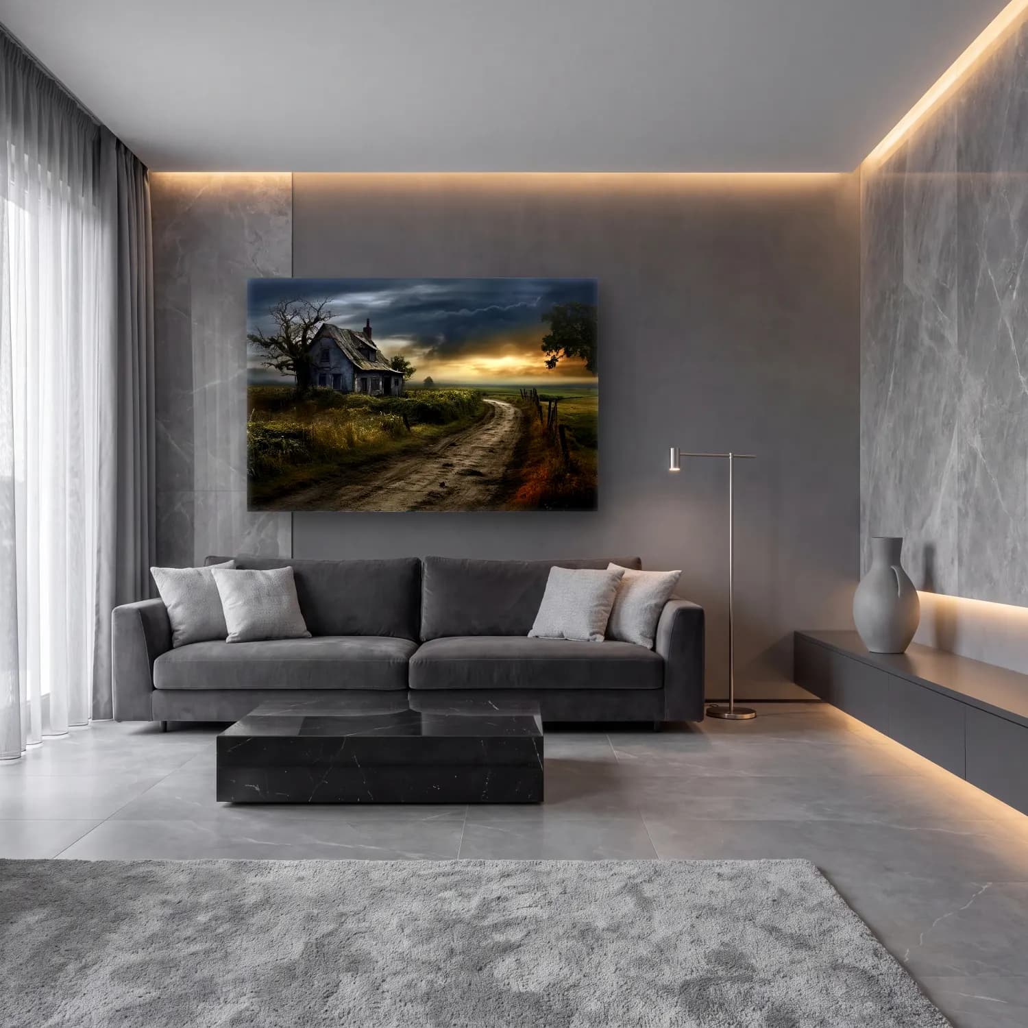 Yağlı Boya Kır Evi No. 21 cam tablo — lüks salon duvarında