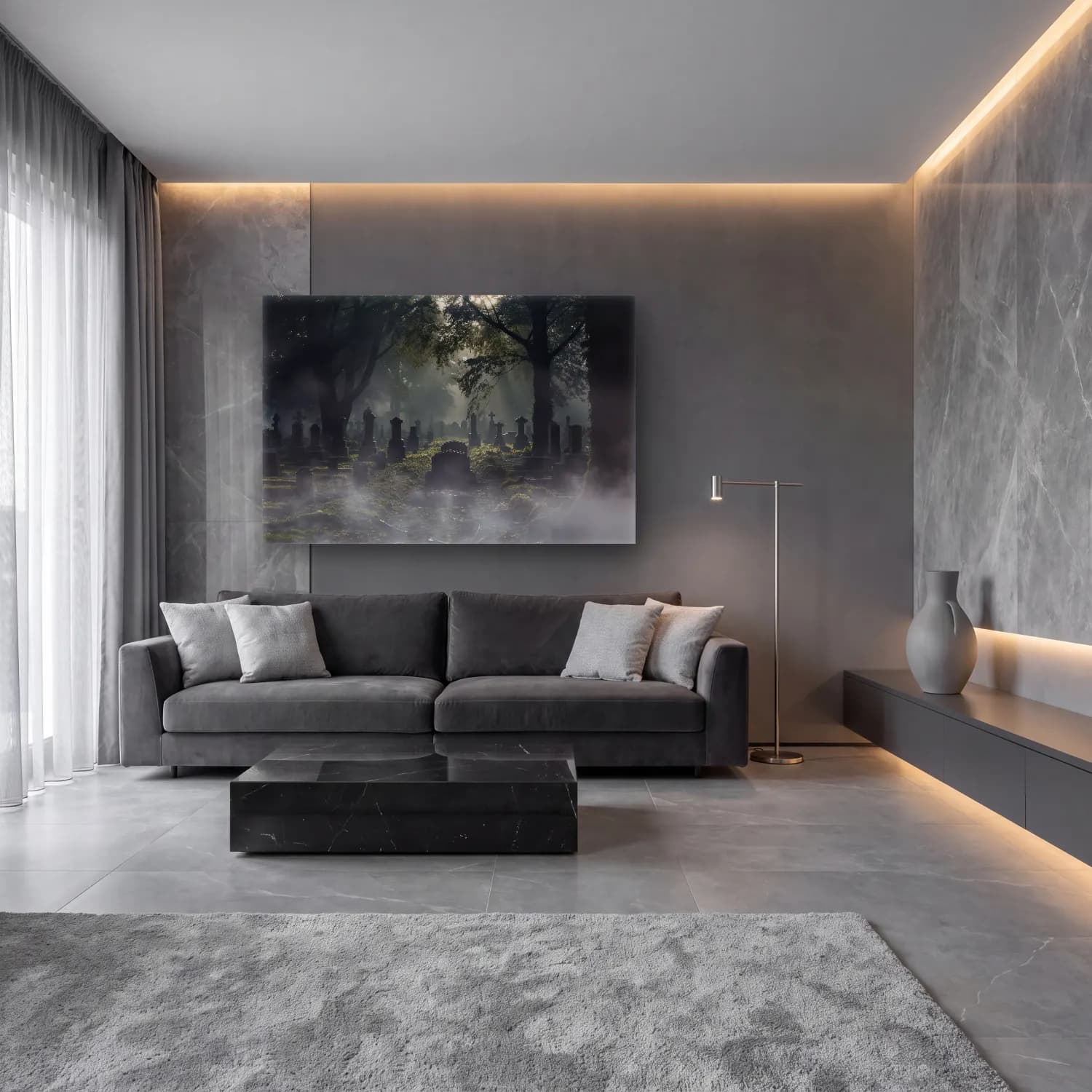 Yağlı Boya Sisli Orman No. 5 cam tablo — lüks salon duvarında