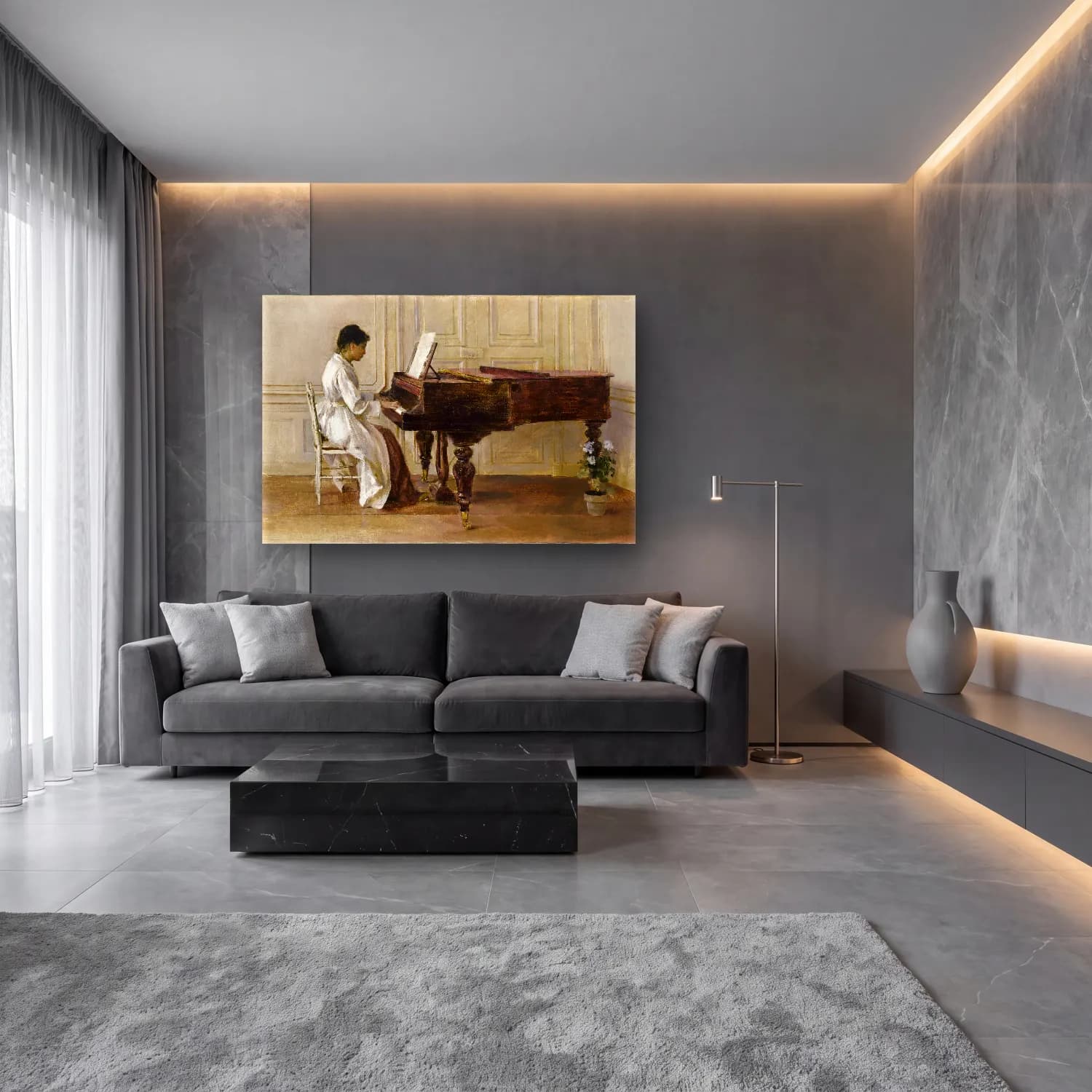 Empresyonist Piyano – Bej Tonlar cam tablo — lüks salon duvarında
