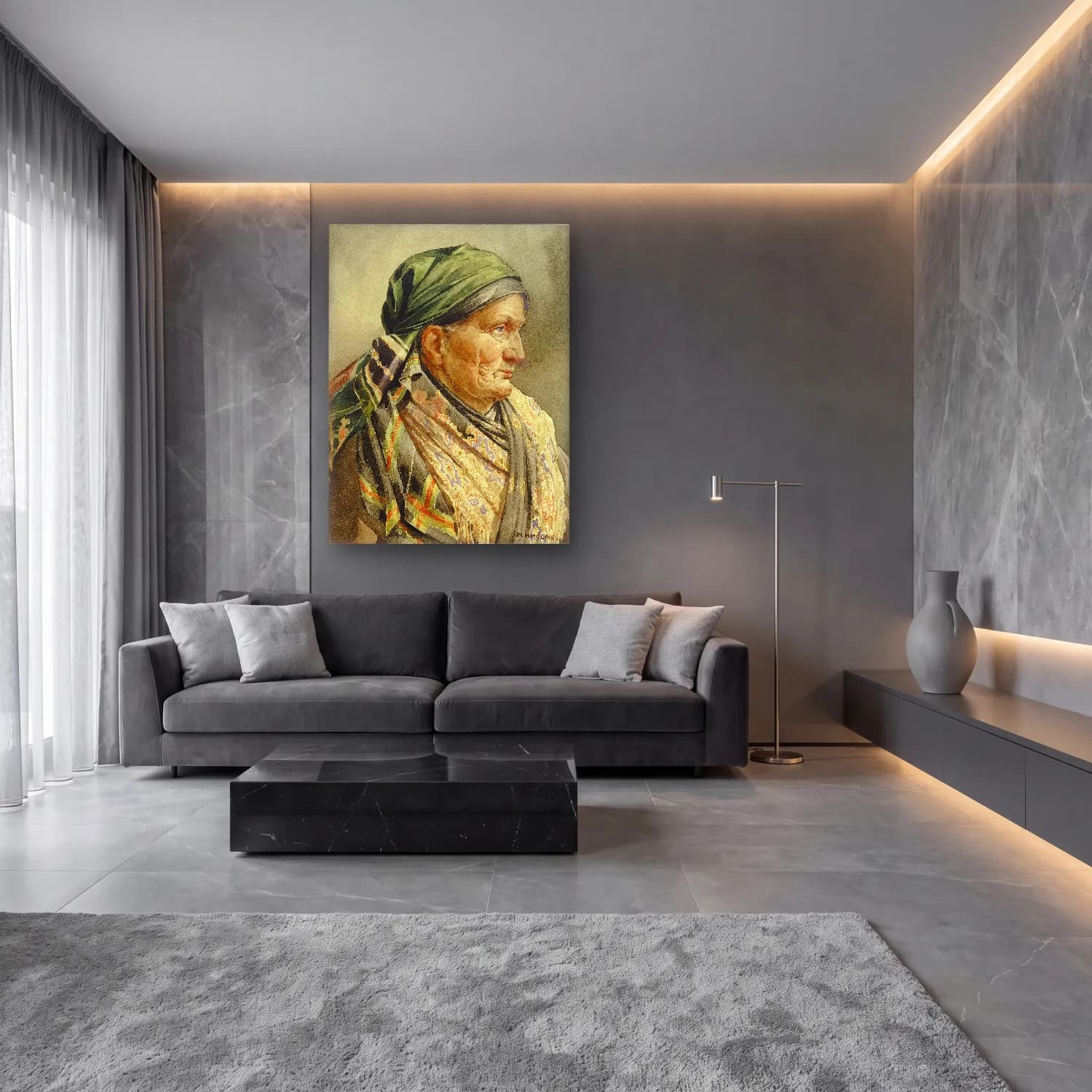 Suluboya Kadın Portresi – Yeşil Tonlar cam tablo — lüks salon duvarında