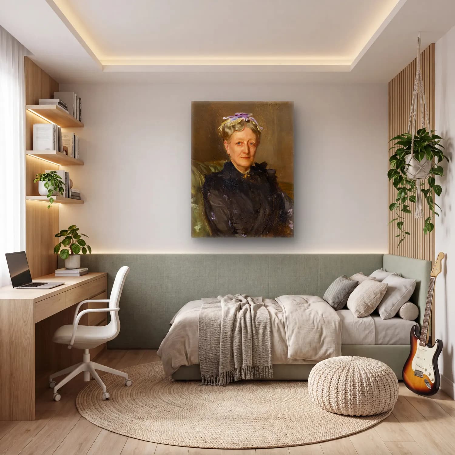 Yağlı Boya Kadın Portresi – Mor Tonlar cam tablo — genç odasında