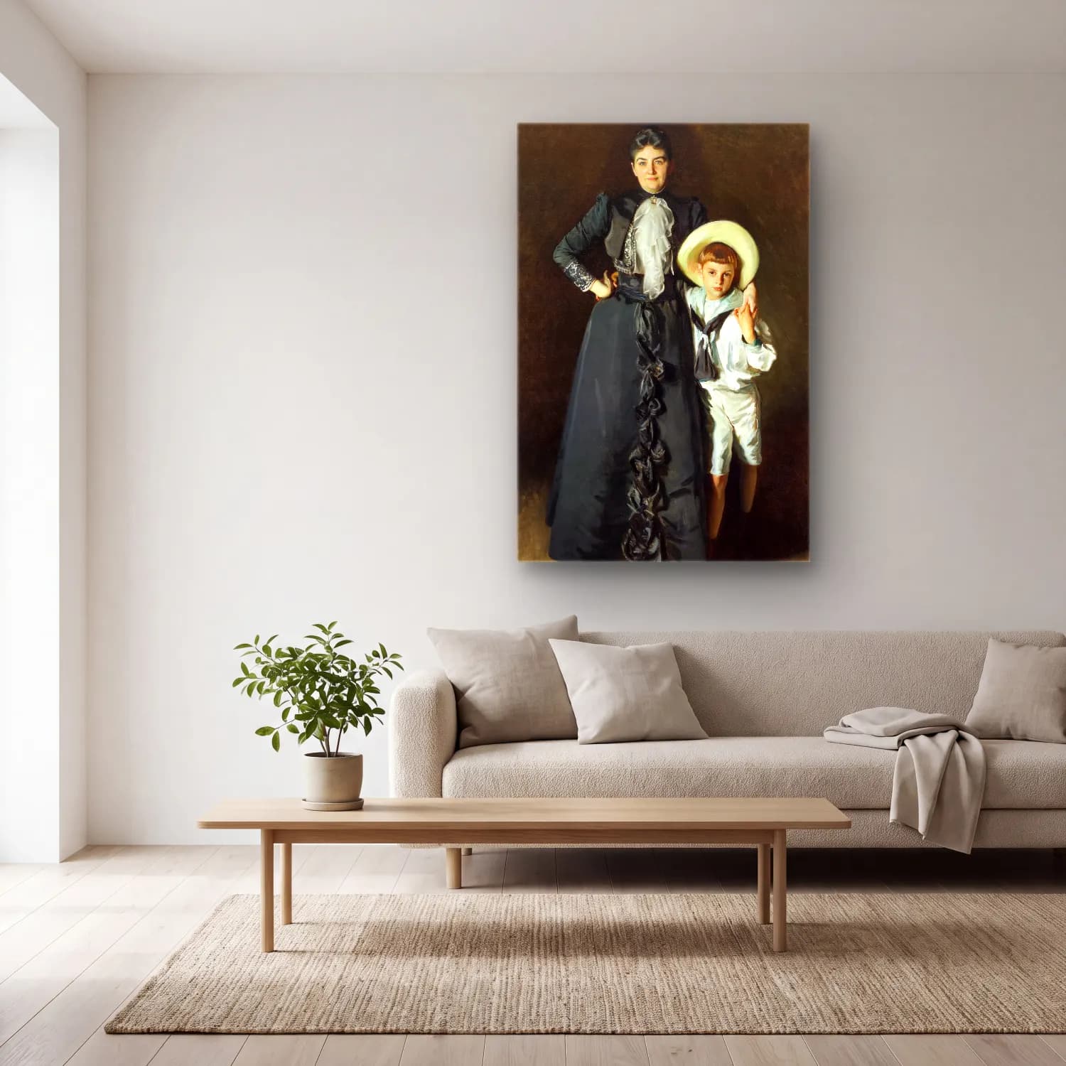 Yağlı Boya Anne ve Çocuk No. 4 cam tablo — açık renk salonda