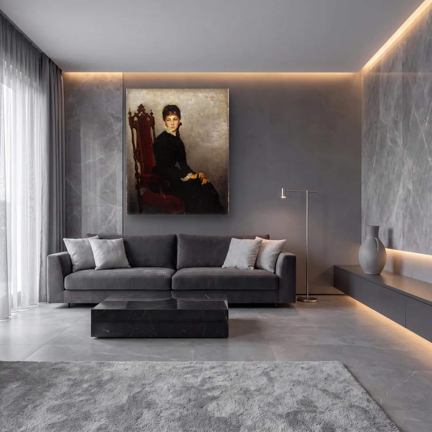 Yağlı Boya Kadın Portresi No. 4 cam tablo — lüks salon duvarında
