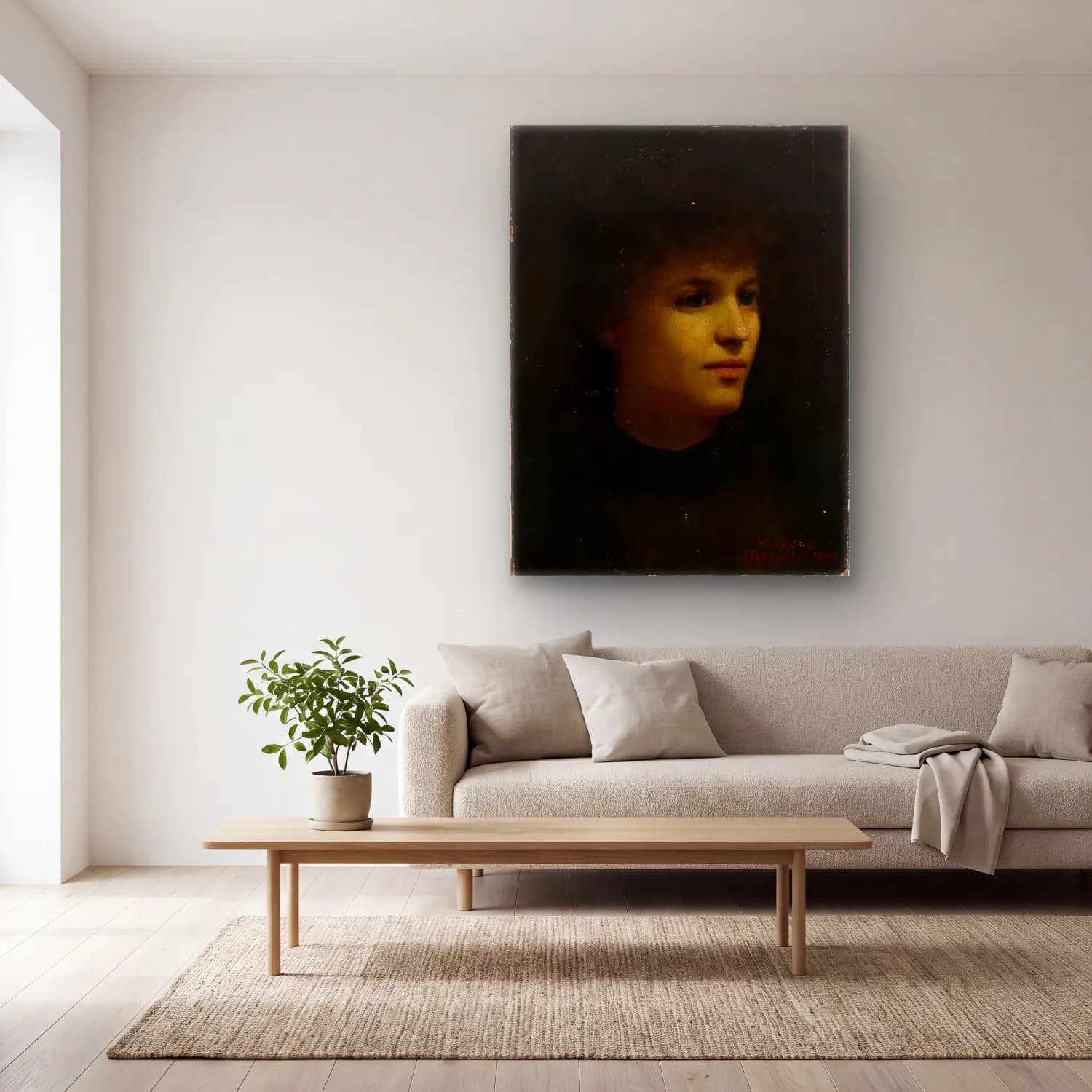 Yağlı Boya Kadın Portresi No. 7 cam tablo — açık renk salonda