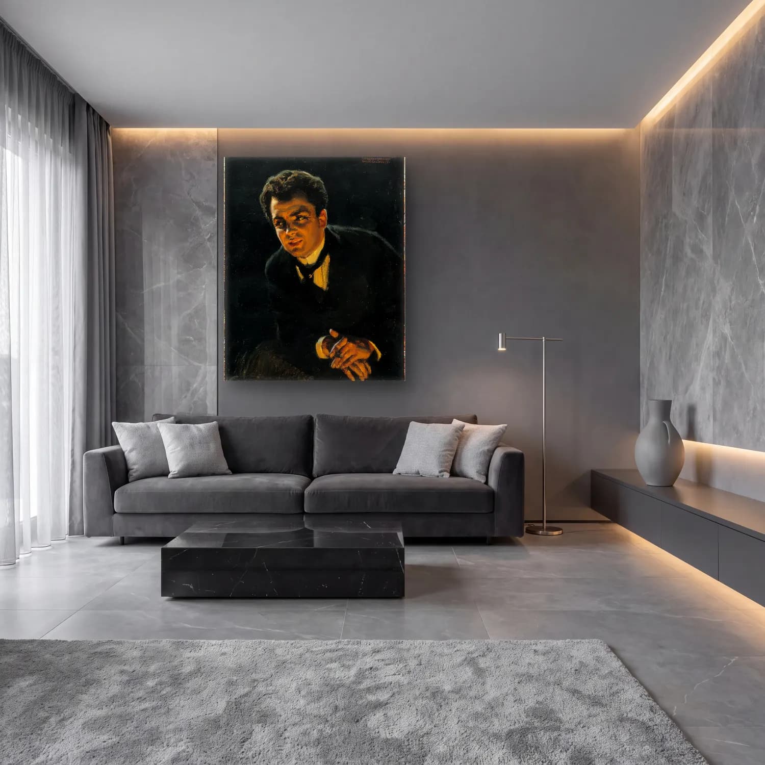 Yağlı Boya Erkek Portresi No. 4 cam tablo — lüks salon duvarında