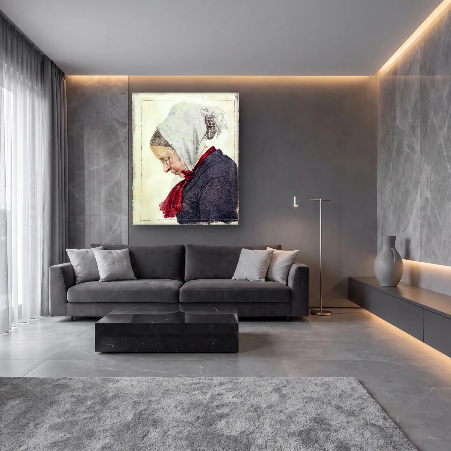Suluboya Kadın Portresi – Kırmızı Tonlar cam tablo — lüks salon duvarında