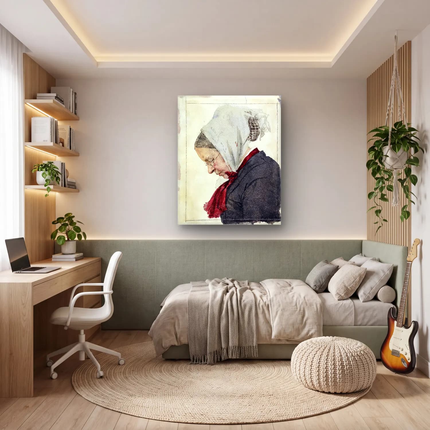 Suluboya Kadın Portresi – Kırmızı Tonlar cam tablo — genç odasında