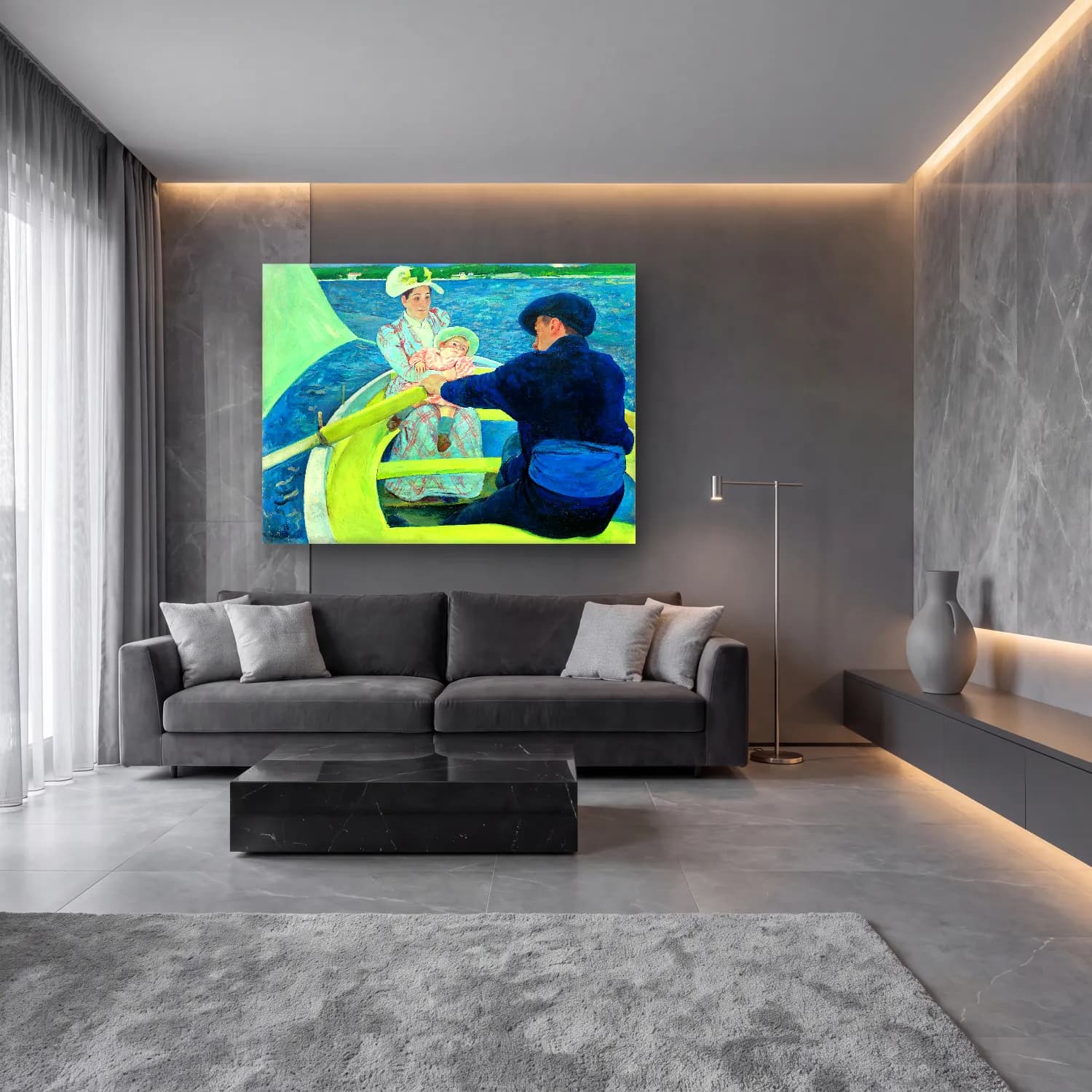 Empresyonist Yelken Yarışı – Sarı Tonlar cam tablo — lüks salon duvarında