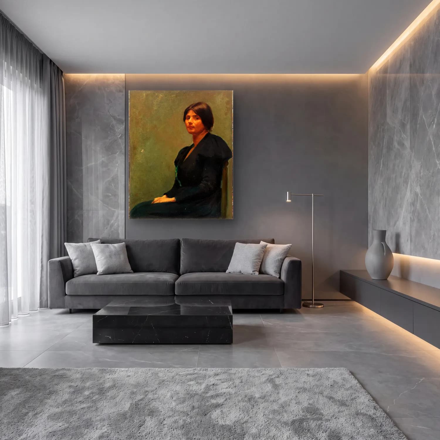 Yağlı Boya Kadın Portresi No. 15 cam tablo — lüks salon duvarında