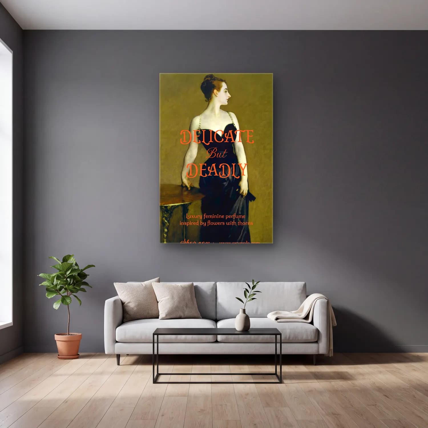 Vintage Poster Elbiseli Kadın No. 12 cam tablo — gri duvarlı salonda