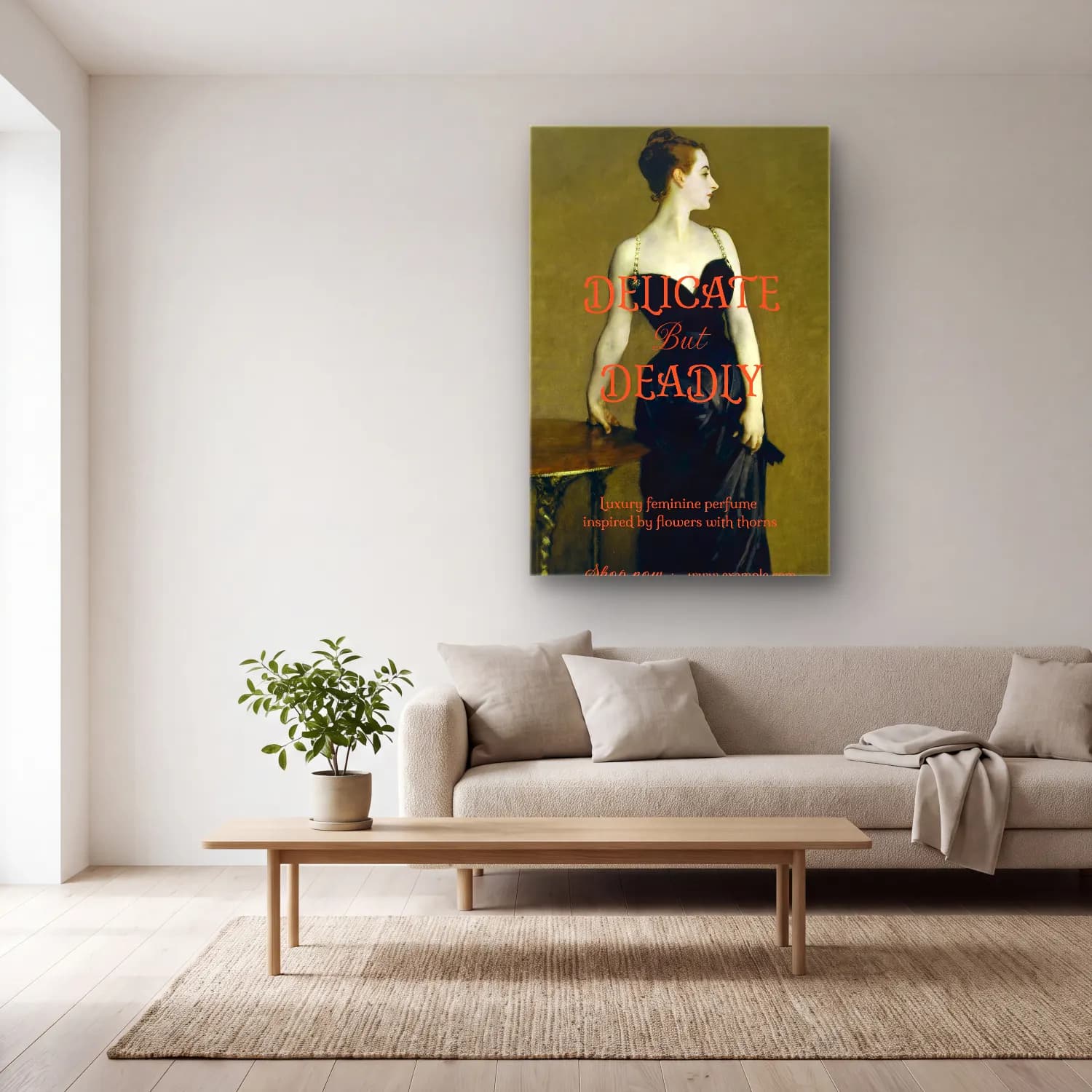 Vintage Poster Elbiseli Kadın No. 12 cam tablo — açık renk salonda