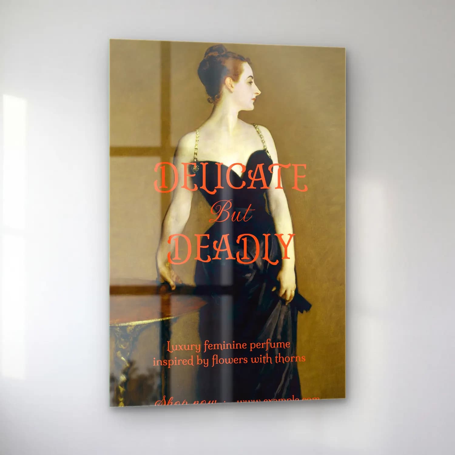 Vintage Poster Elbiseli Kadın No. 12 cam tablo — sol açıdan görünüm