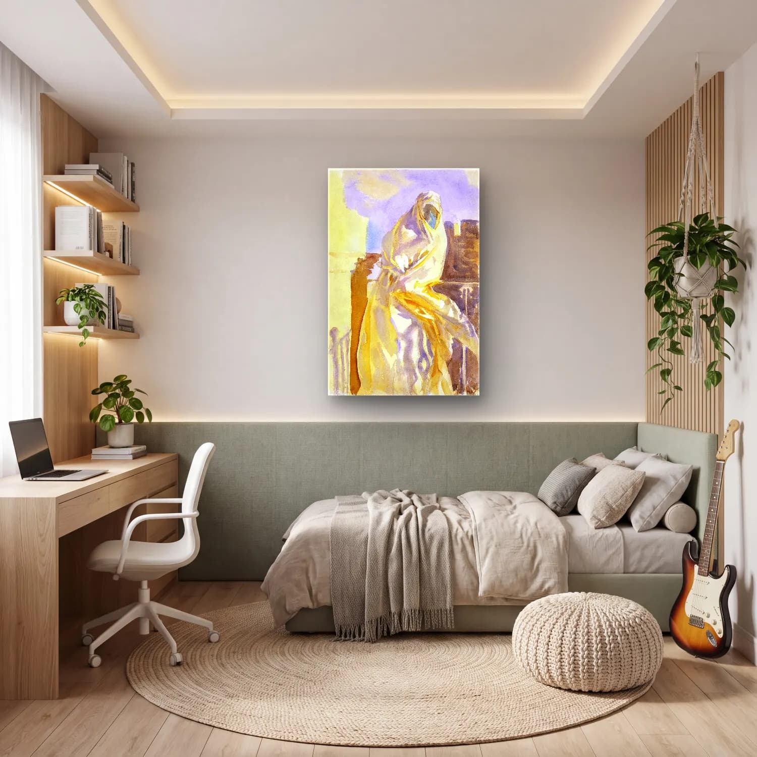 Suluboya Elbiseli Kadın – Sarı Tonlar cam tablo — genç odasında