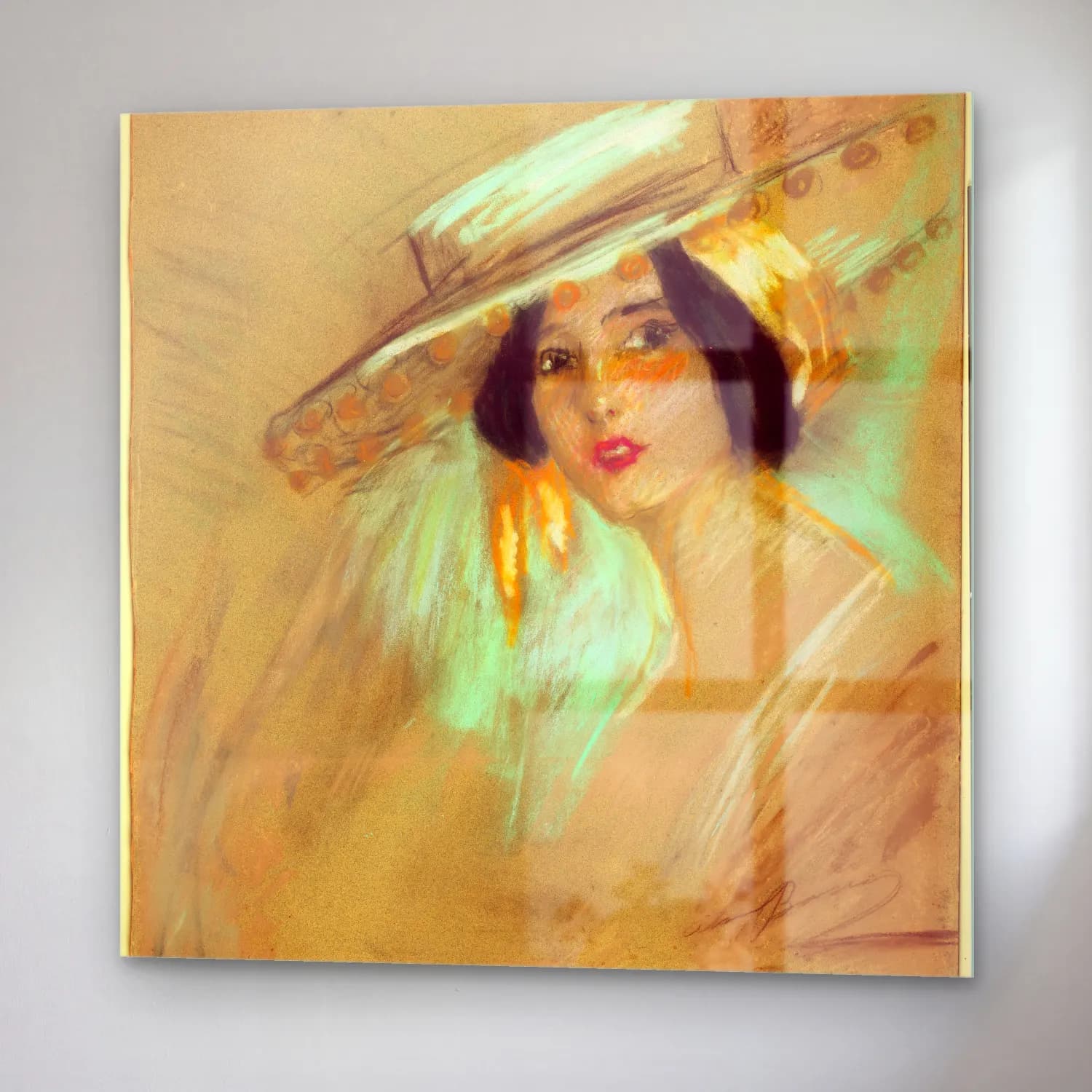 Vintage Şapkalı Kadın – Pastel Tonlar cam tablo — sağ açıdan görünüm